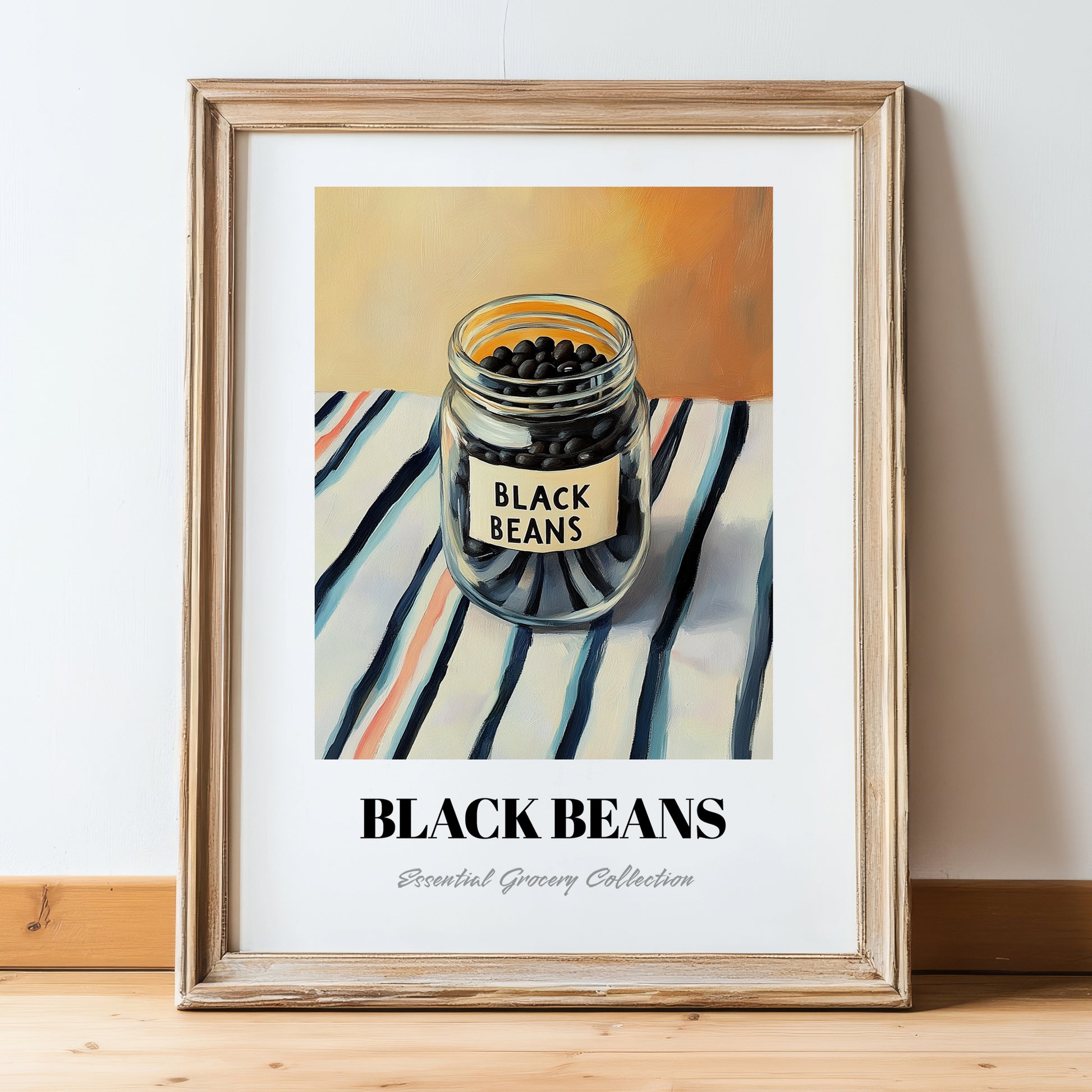 Black Beans – on Striped Tablecloth, Dry Goods Wall Art, in wooden frame leaning on the floor