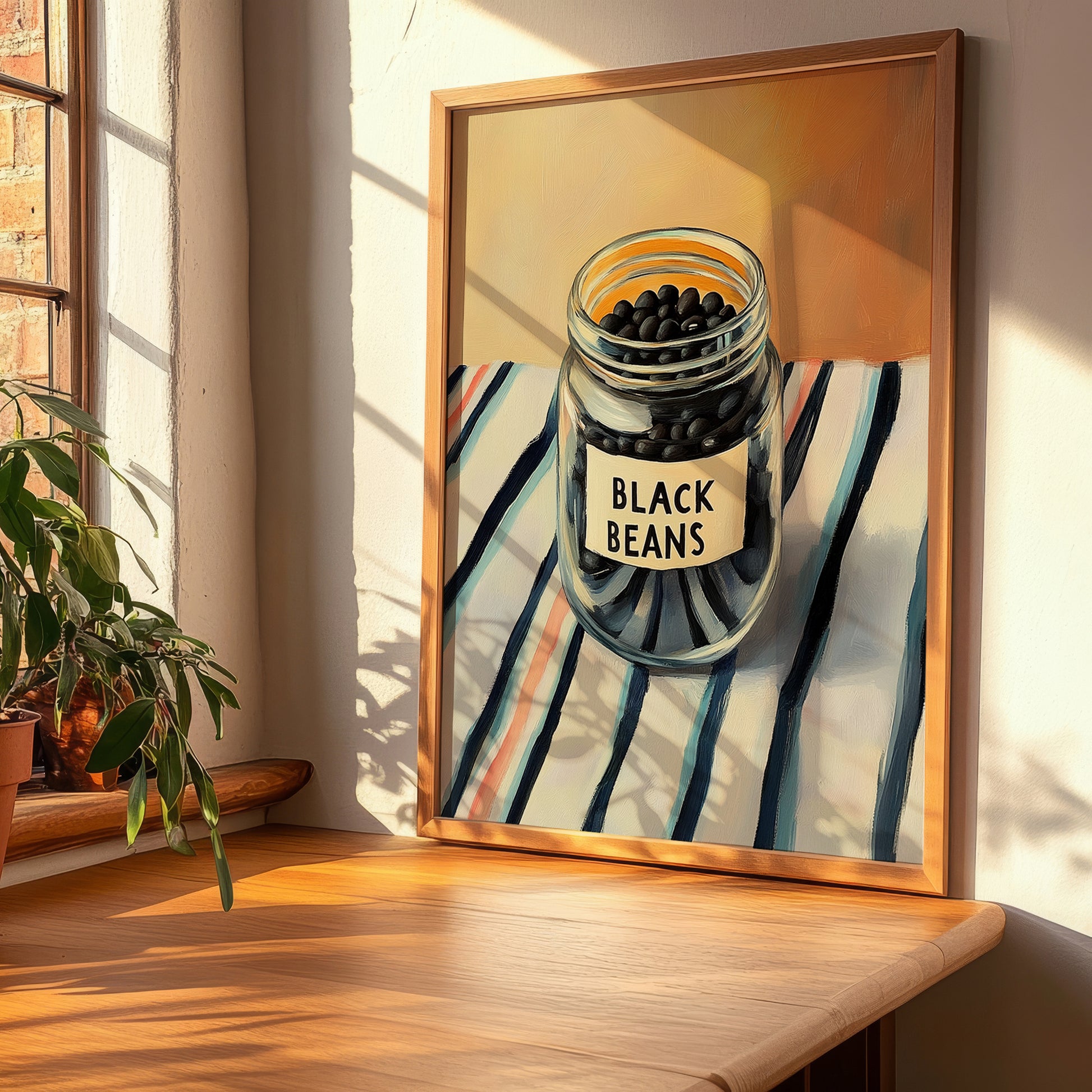 Black Beans – on Striped Tablecloth, Dry Goods Wall Art, clean layout with no caption