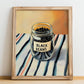 Black Beans – on Striped Tablecloth, Dry Goods Wall Art, no-text version framed in wood