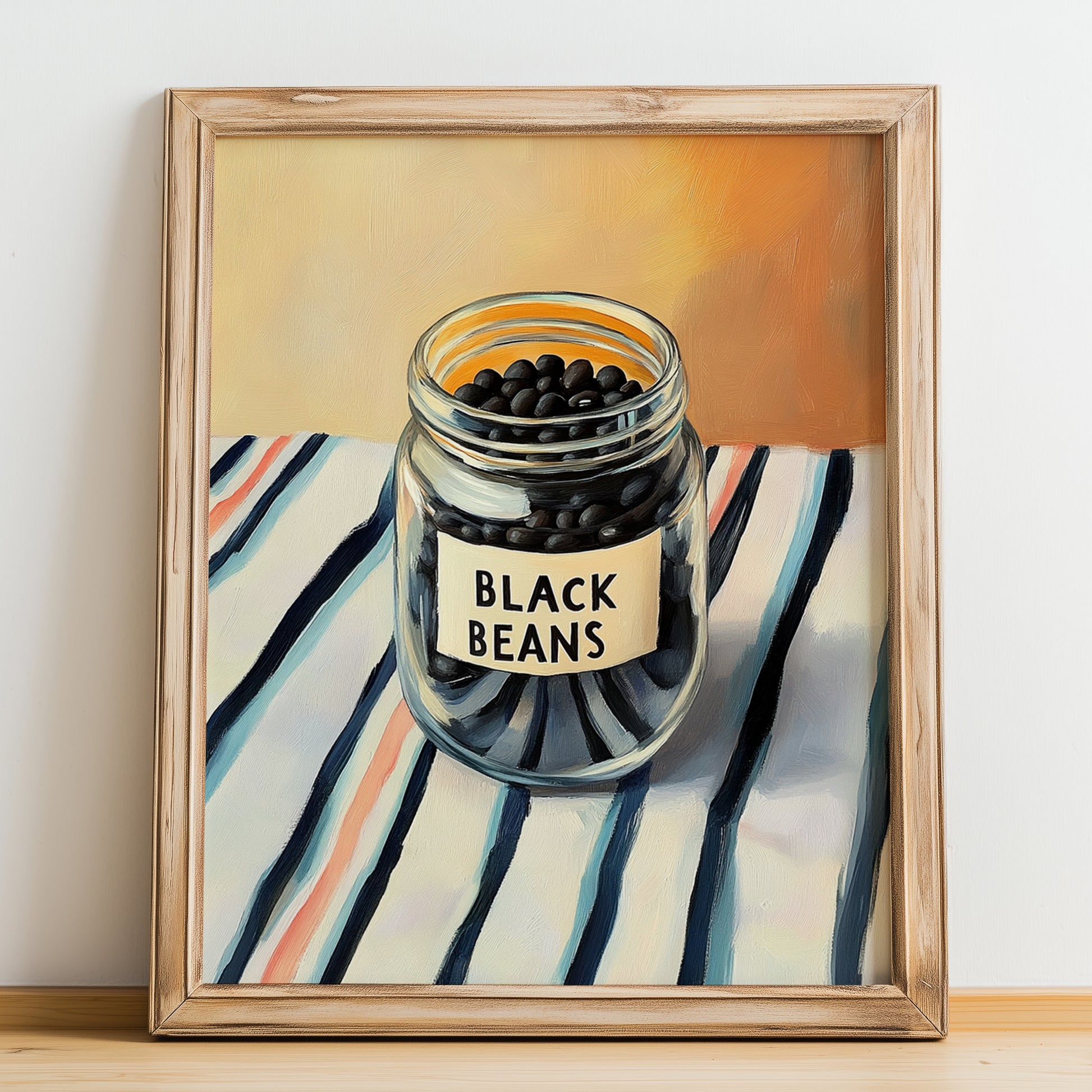 Black Beans – on Striped Tablecloth, Dry Goods Wall Art, no-text version framed in wood