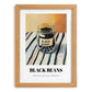 Black Beans – on Striped Tablecloth, Dry Goods Wall Art, set in oak frame