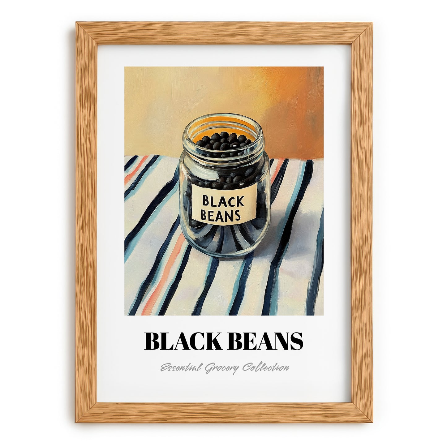 Black Beans – on Striped Tablecloth, Dry Goods Wall Art, set in oak frame
