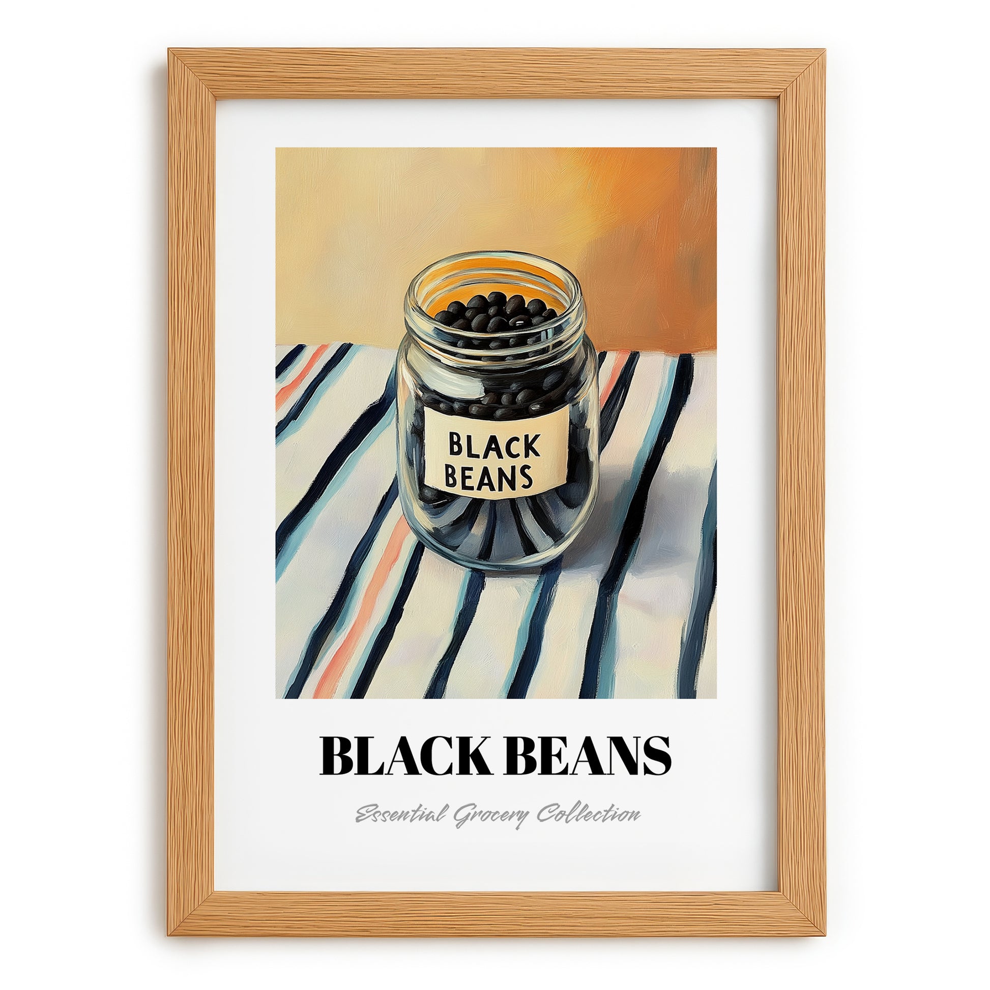 Black Beans – on Striped Tablecloth, Dry Goods Wall Art, set in oak frame