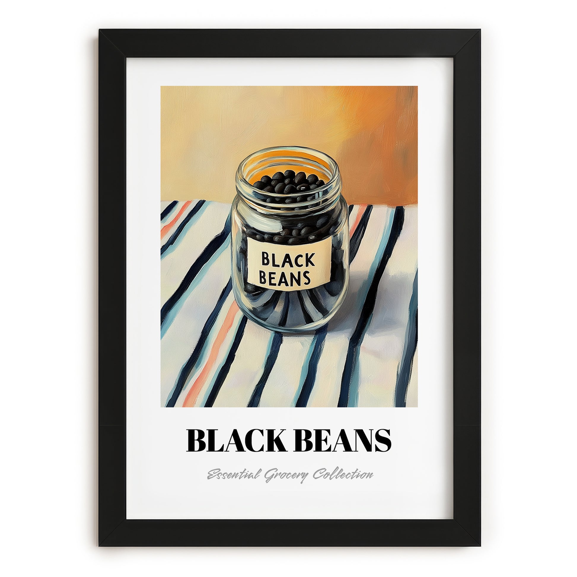 Black Beans – on Striped Tablecloth, Dry Goods Wall Art, in sleek black frame