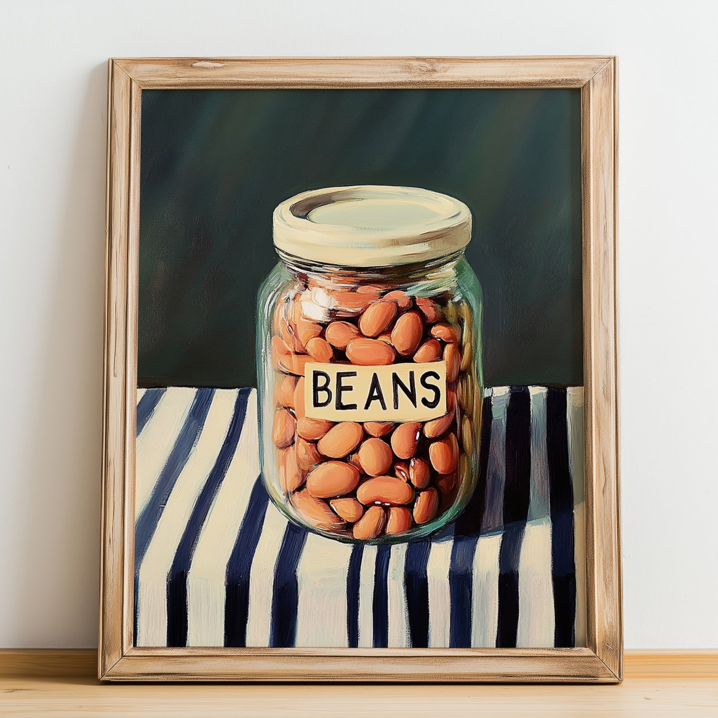 Beans – on Striped Tablecloth, Ingredients Corner Wall Decor, no-text version framed in wood