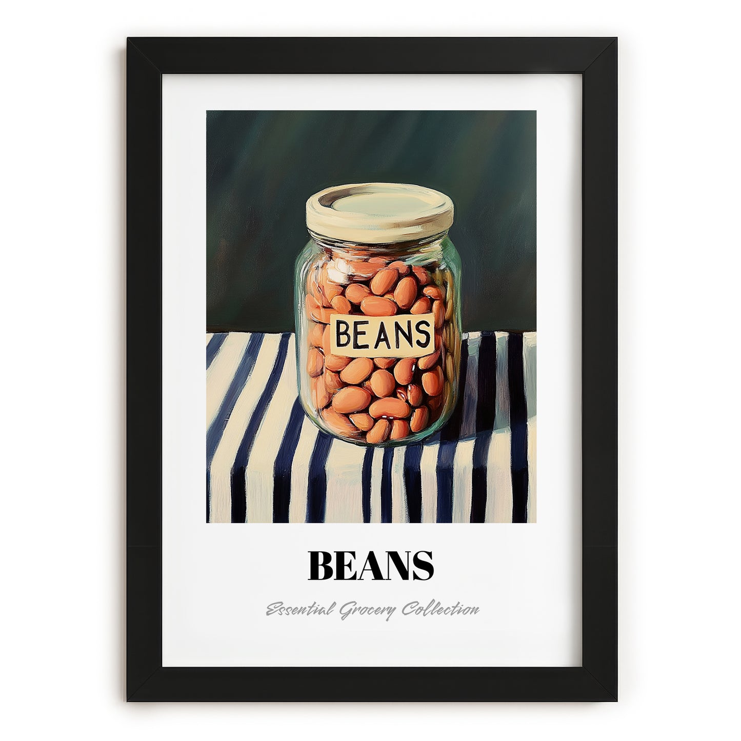 Beans – on Striped Tablecloth, Ingredients Corner Wall Decor, in sleek black frame