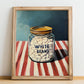 White Beans – on Striped Tablecloth, Grocery Painting, no-text version framed in wood