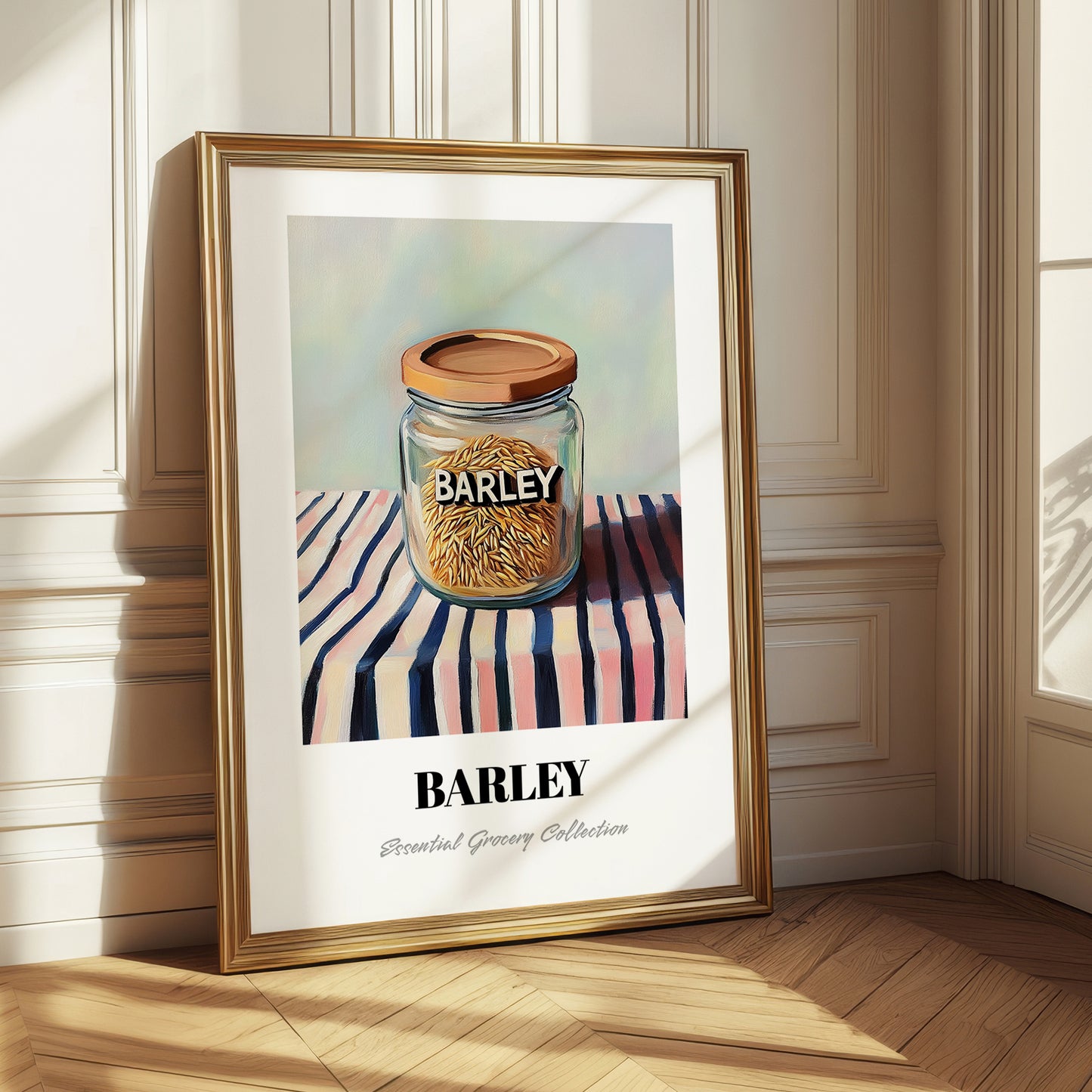 Barley – on Striped Tablecloth, Food Stash Still Life