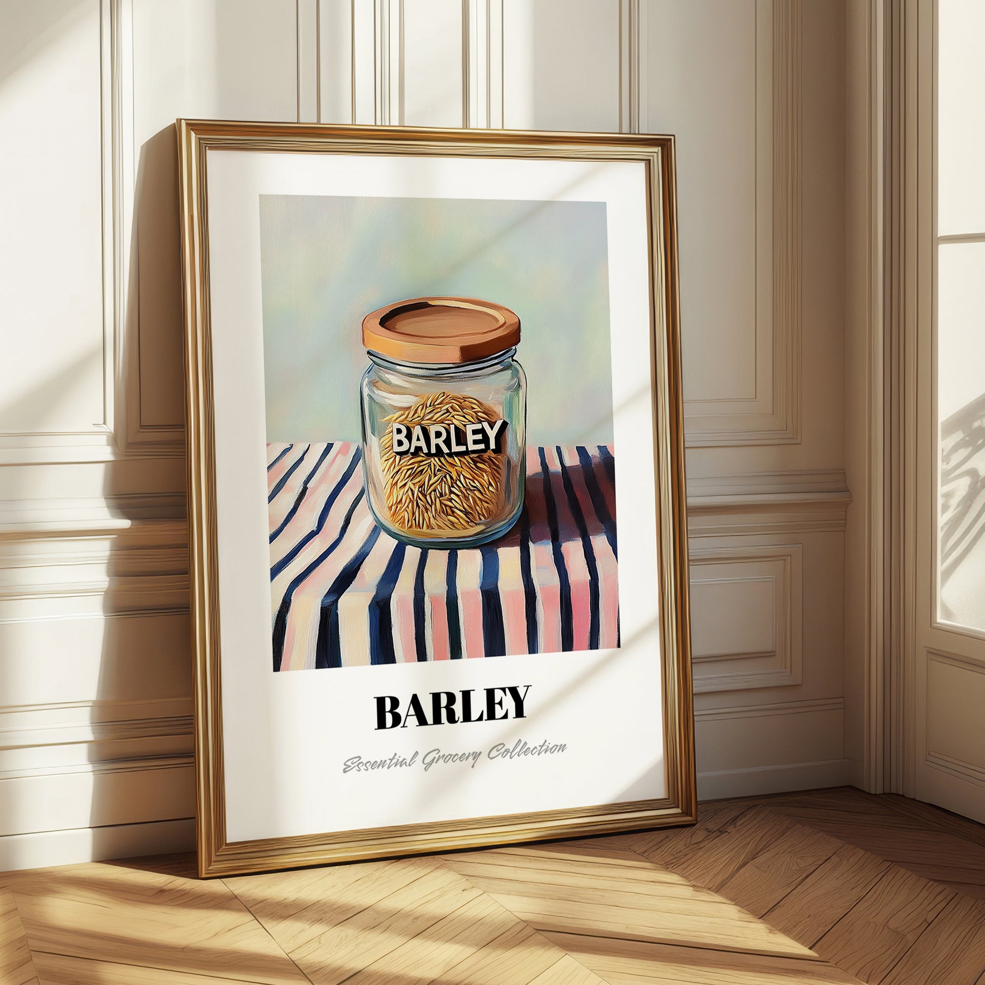 Barley – on Striped Tablecloth, Food Stash Still Life