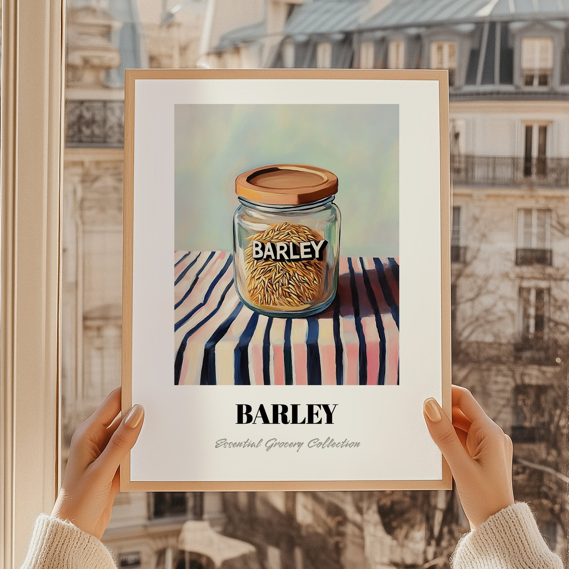 Barley – on Striped Tablecloth, Food Stash Still Life, styled in a charming Paris street view