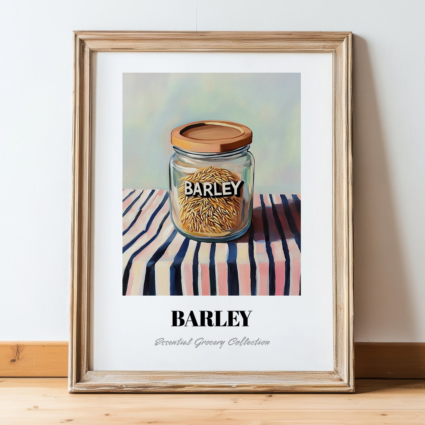 Barley – on Striped Tablecloth, Food Stash Still Life, in wooden frame leaning on the floor