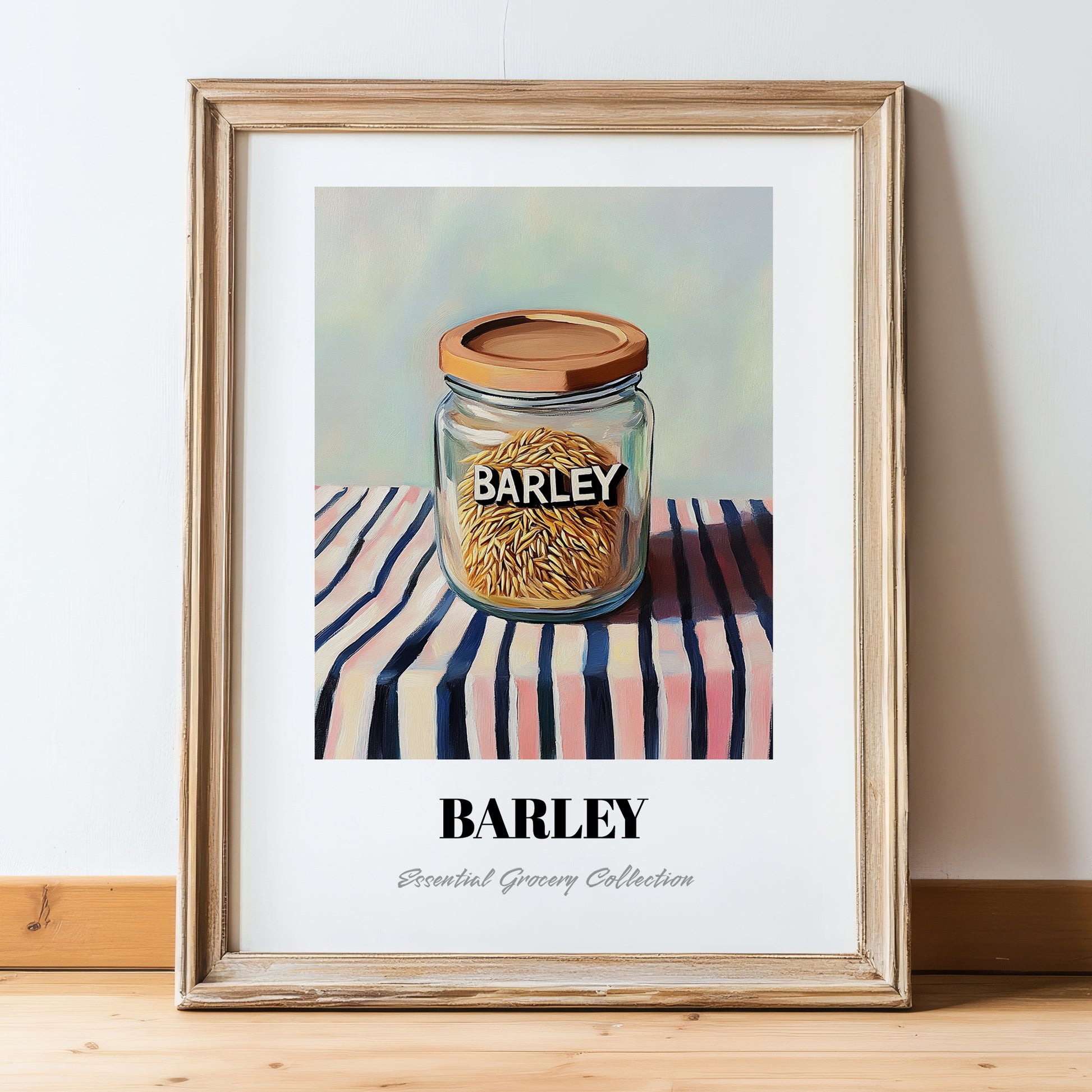 Barley – on Striped Tablecloth, Food Stash Still Life, in wooden frame leaning on the floor