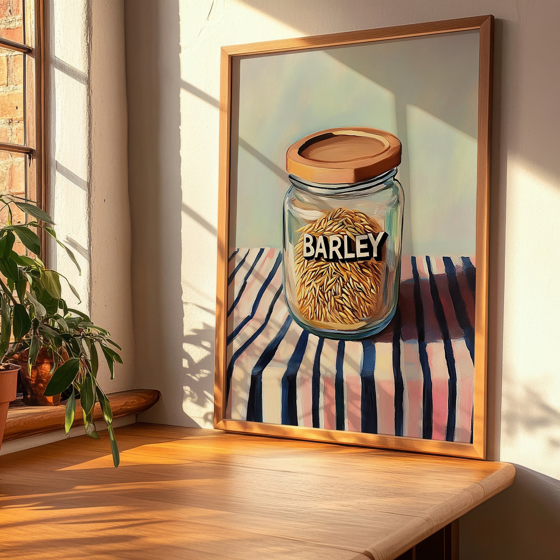 Barley – on Striped Tablecloth, Food Stash Still Life, clean layout with no caption