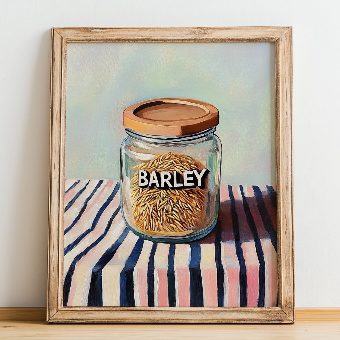 Barley – on Striped Tablecloth, Food Stash Still Life, no-text version framed in wood