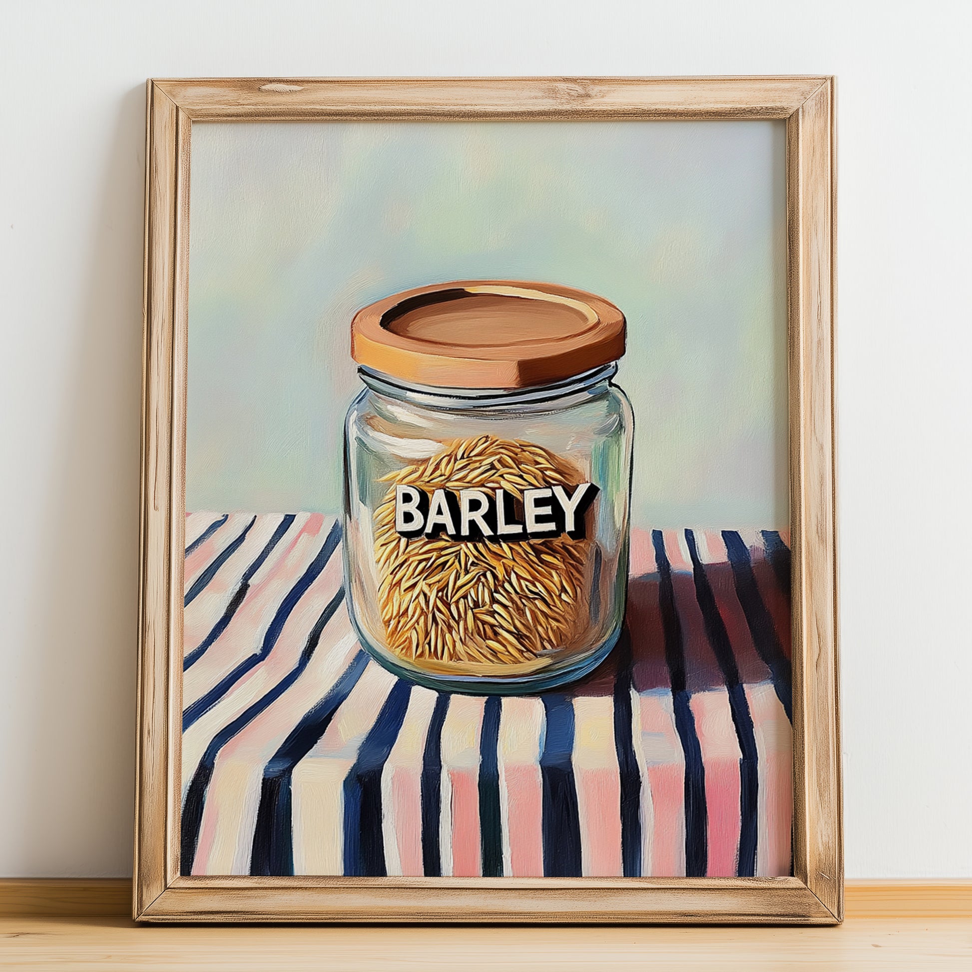 Barley – on Striped Tablecloth, Food Stash Still Life, no-text version framed in wood