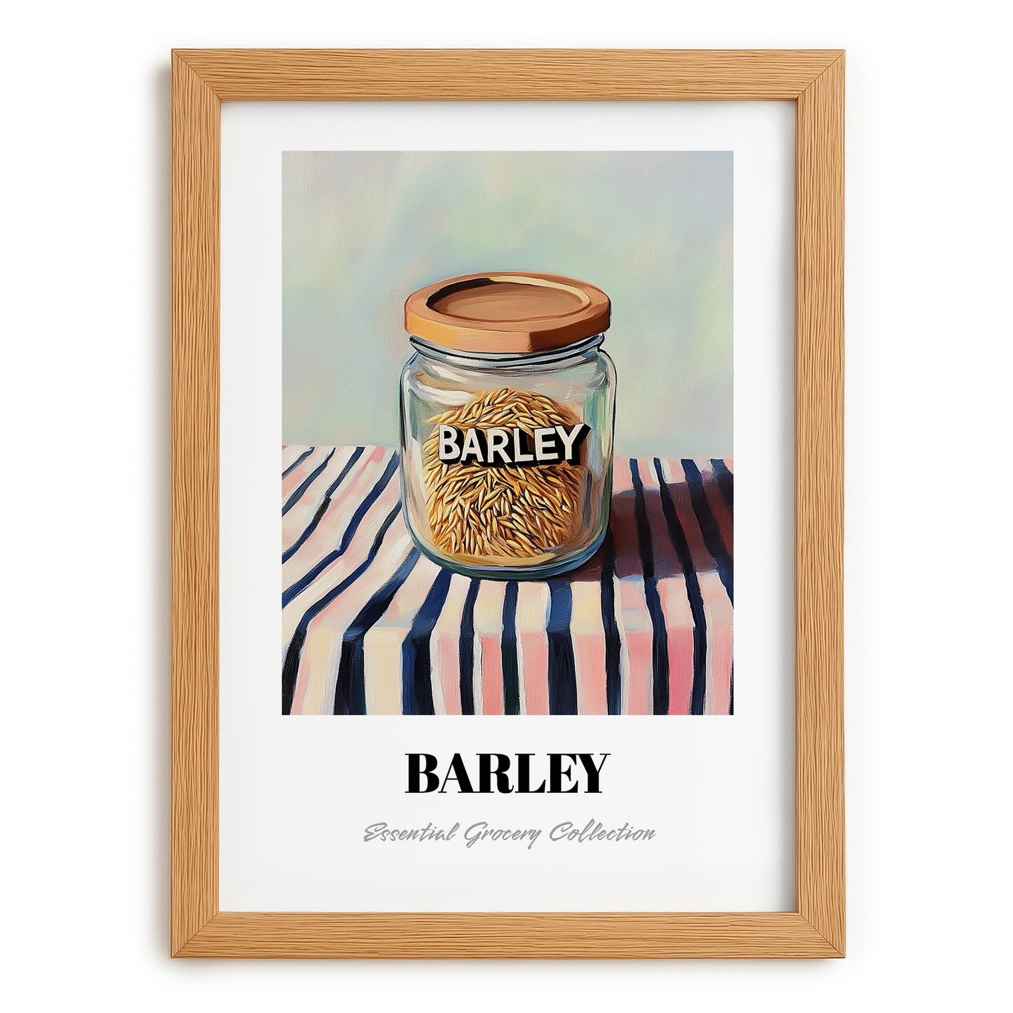 Barley – on Striped Tablecloth, Food Stash Still Life, set in oak frame