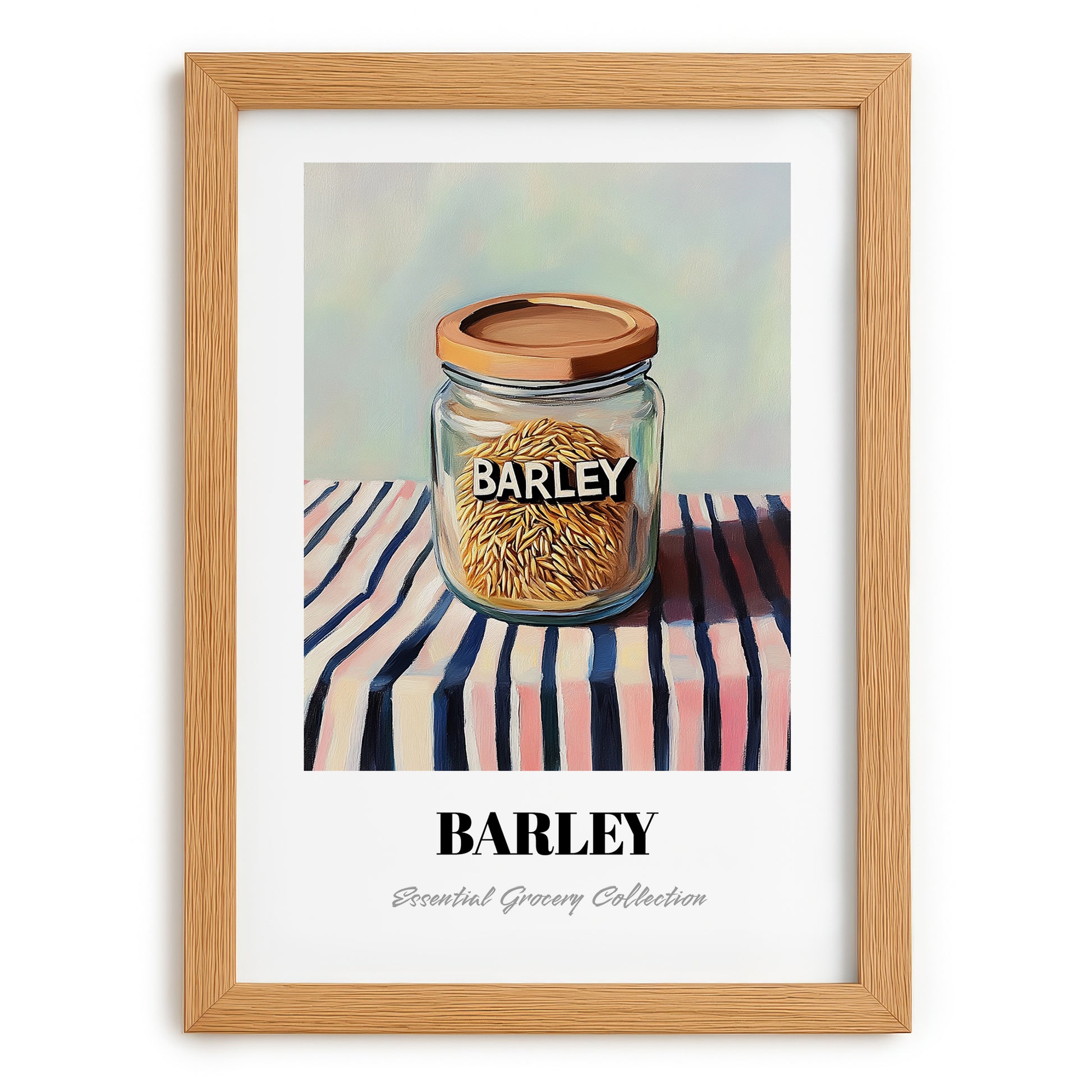 Barley – on Striped Tablecloth, Food Stash Still Life, set in oak frame