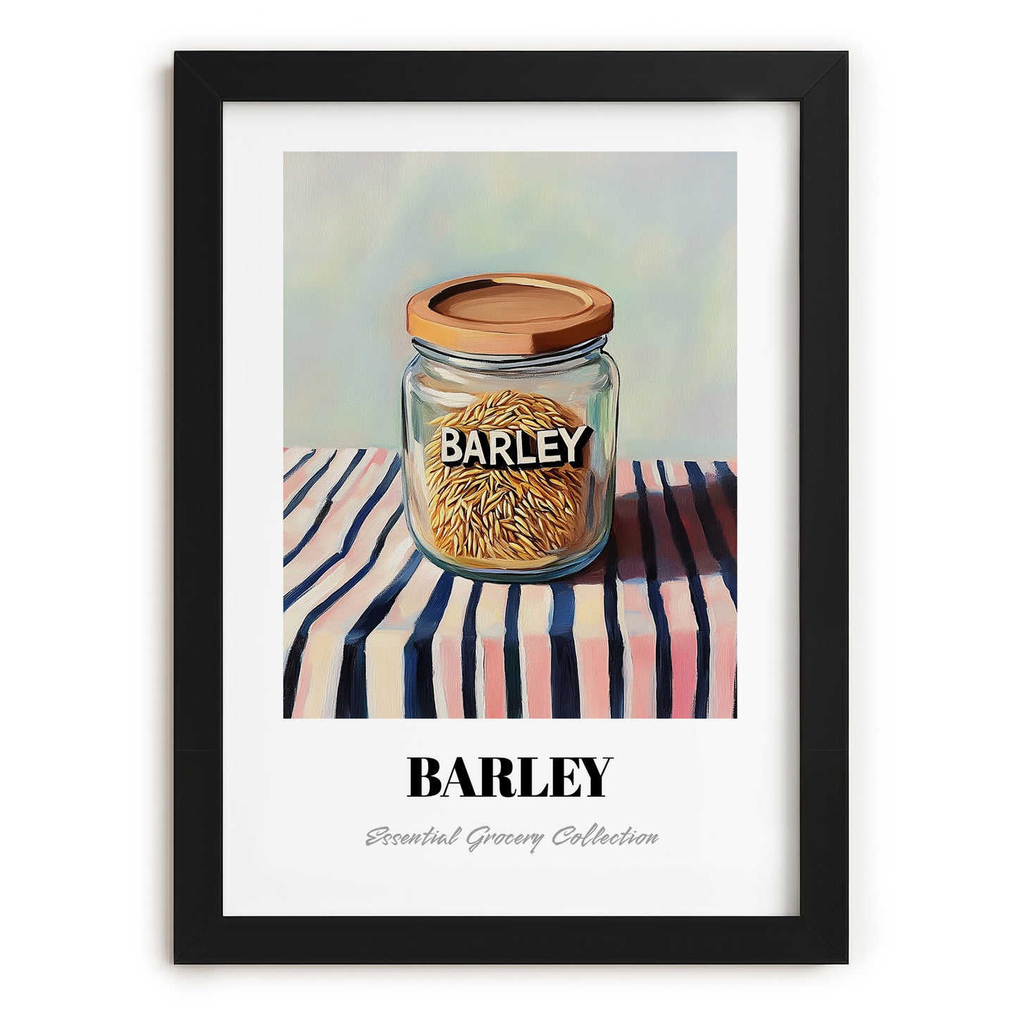 Barley – on Striped Tablecloth, Food Stash Still Life, in sleek black frame