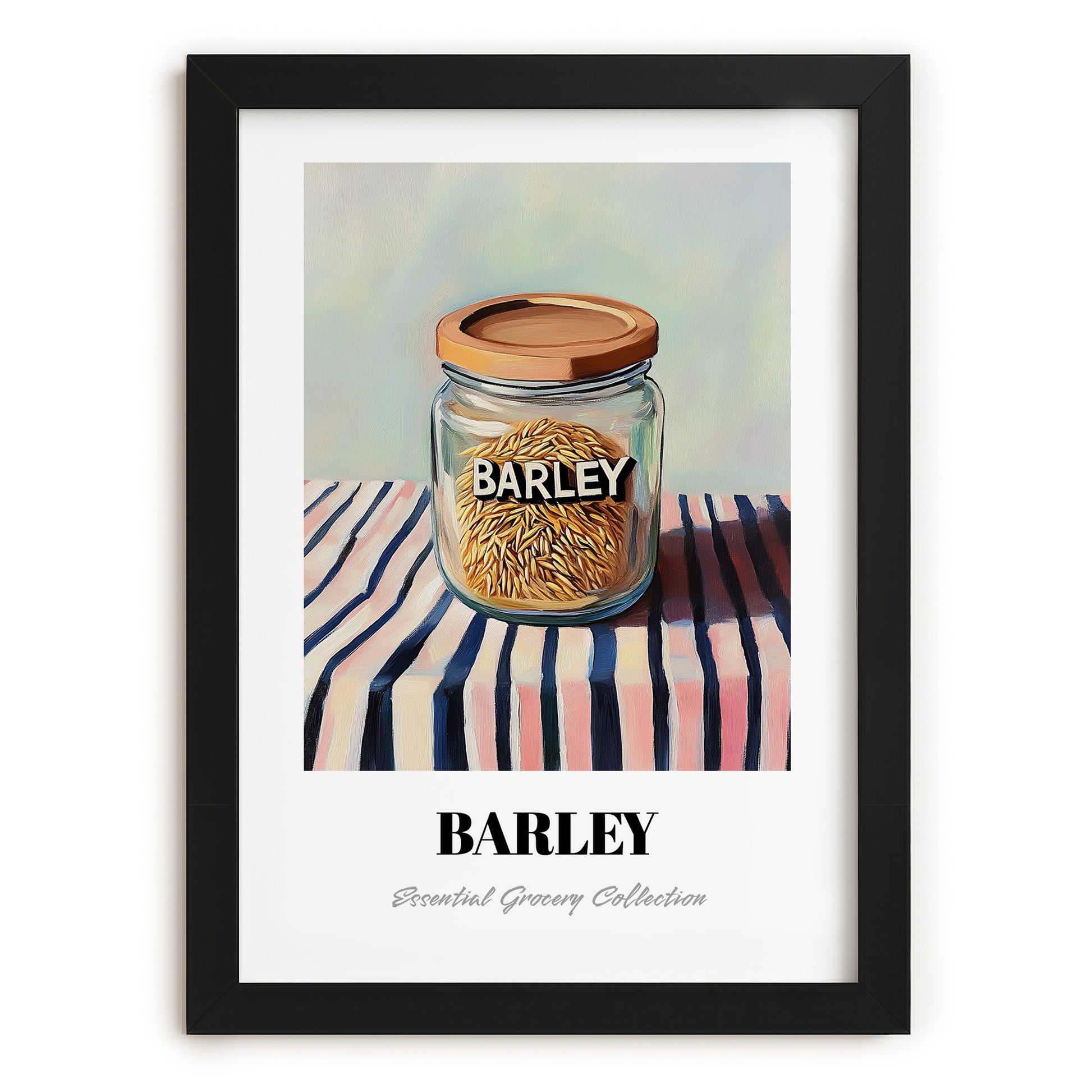 Barley – on Striped Tablecloth, Food Stash Still Life, in sleek black frame