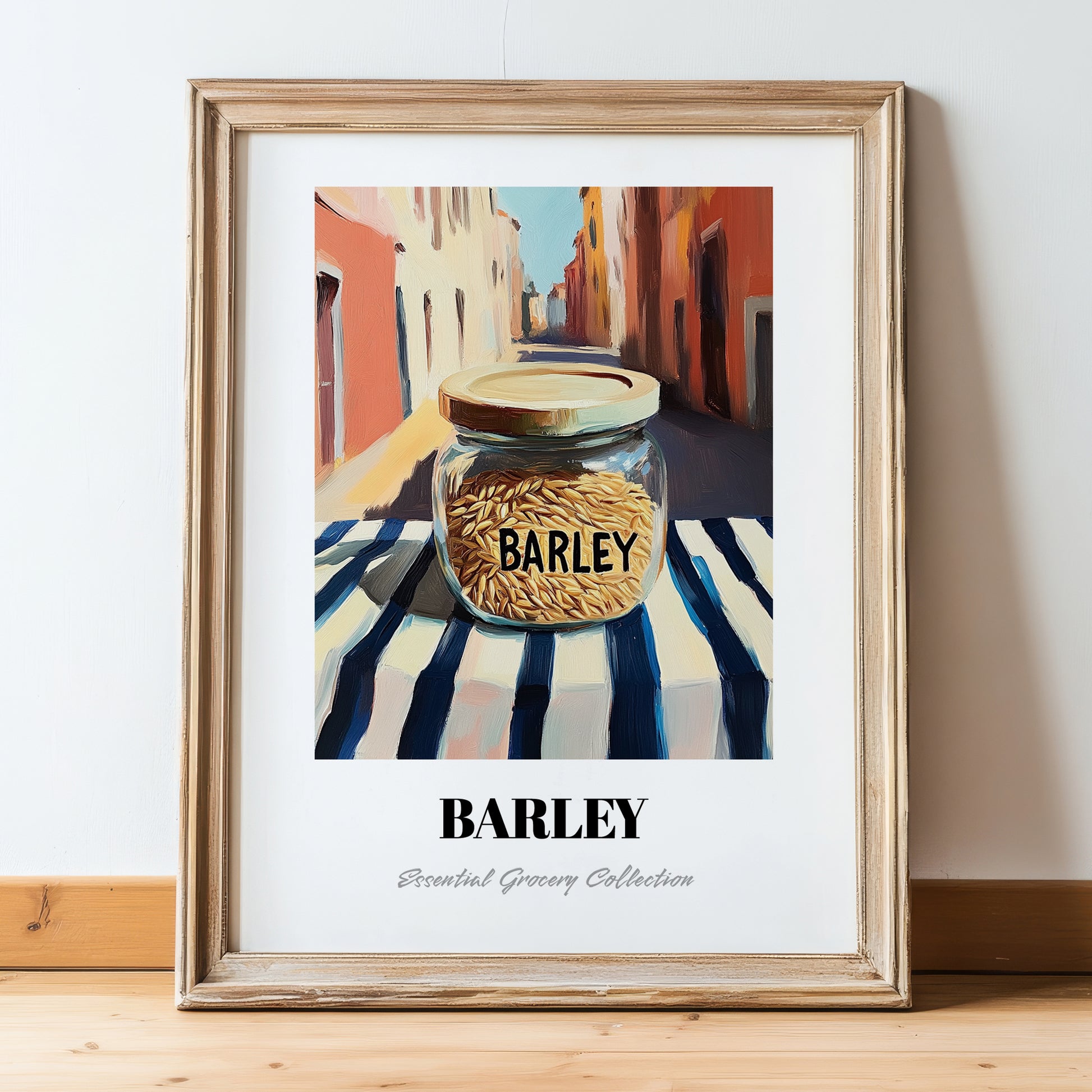 Barley – Italian Outdoor Café Scene, Ingredients Corner Still Life, in wooden frame leaning on the floor
