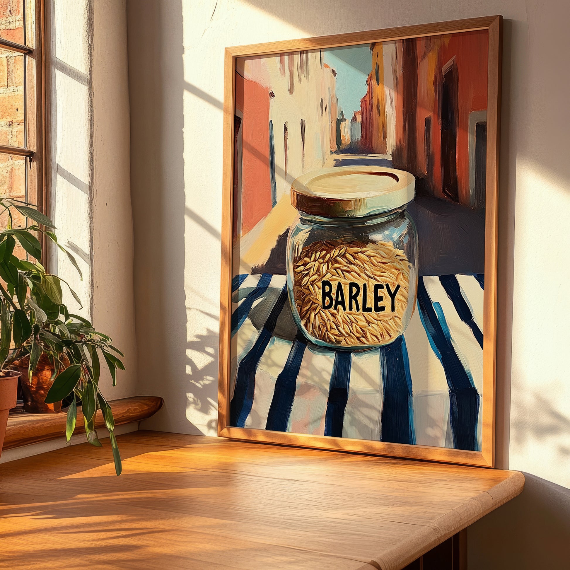 Barley – Italian Outdoor Café Scene, Ingredients Corner Still Life, clean layout with no caption