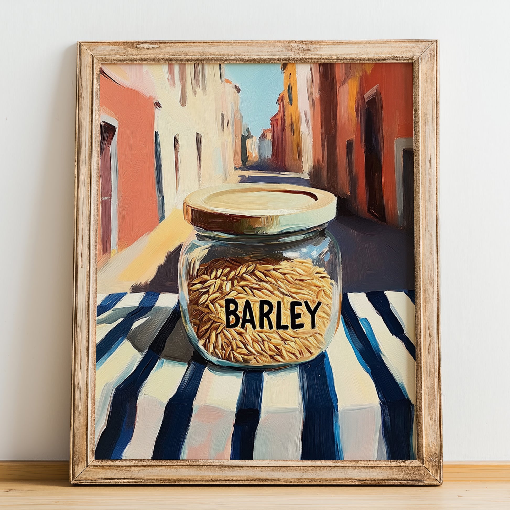 Barley – Italian Outdoor Café Scene, Ingredients Corner Still Life, no-text version framed in wood