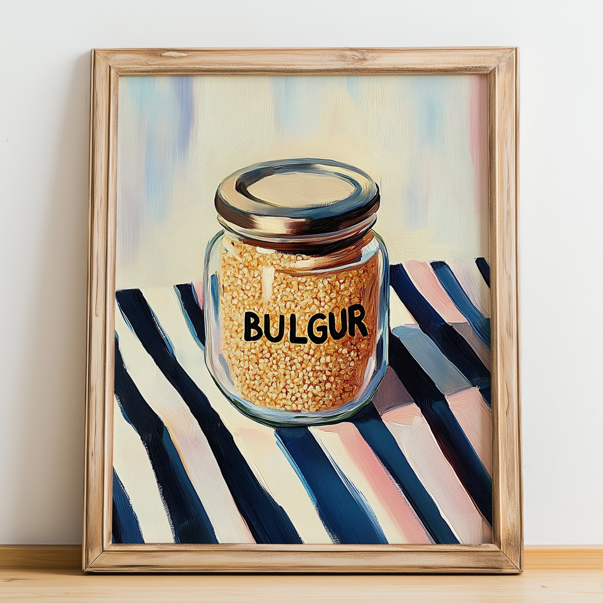 Bulgur – on Striped Tablecloth, Larder Wall Decor, no-text version framed in wood