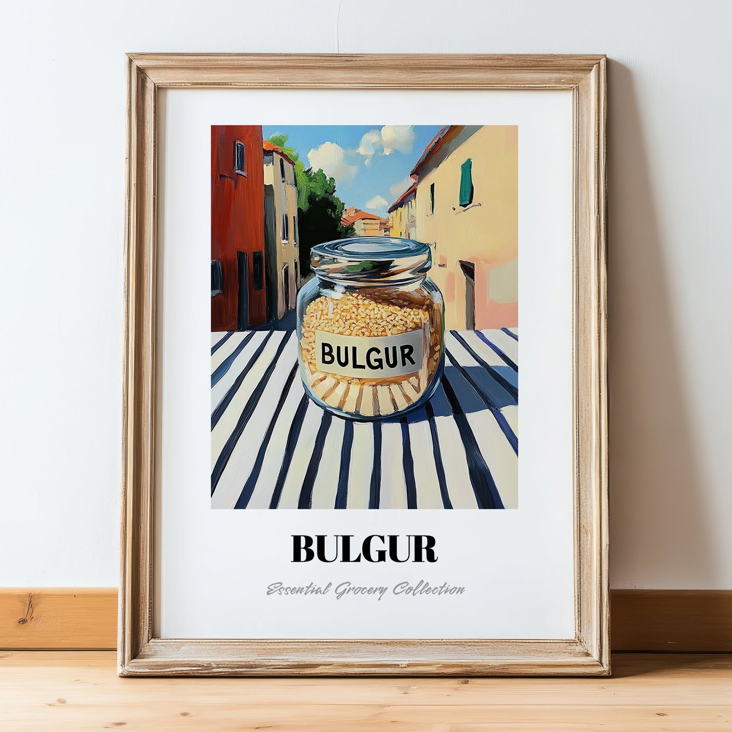 Bulgur – Italian Outdoor Café Scene, Dry Goods Illustration, in wooden frame leaning on the floor