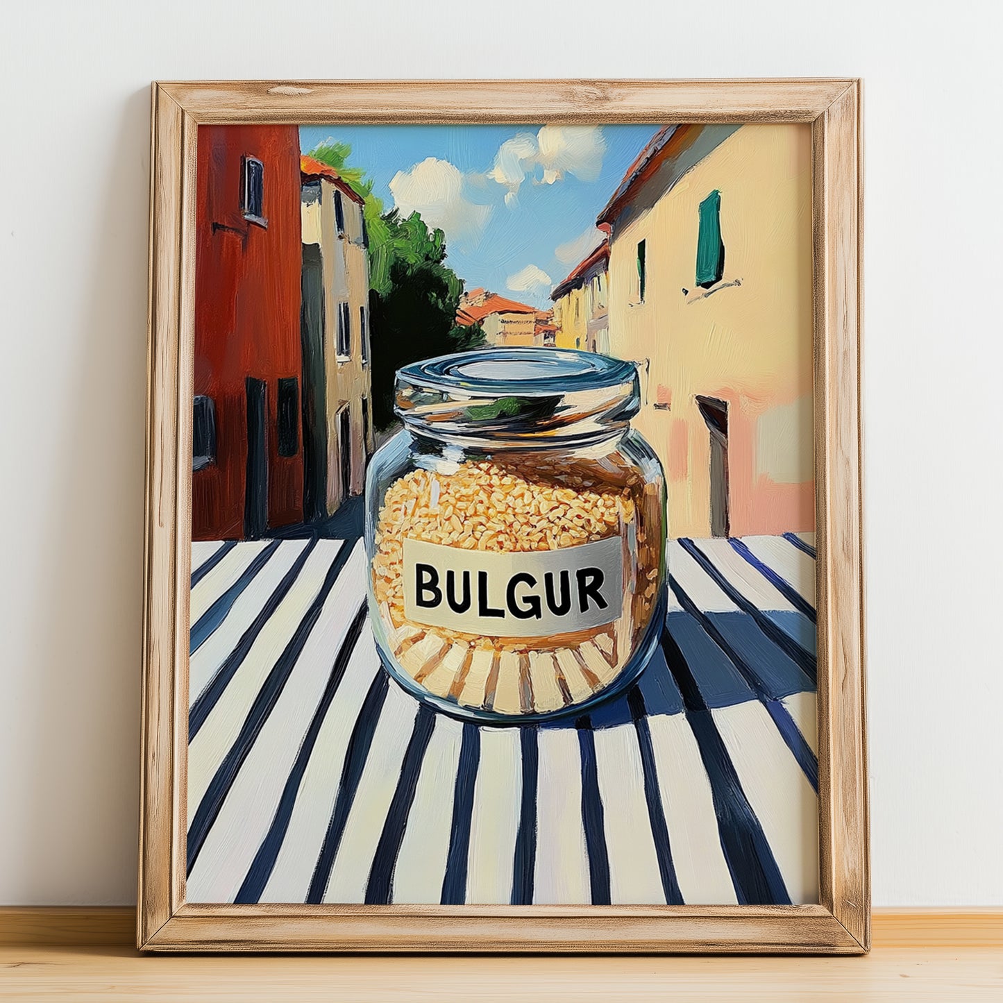 Bulgur – Italian Outdoor Café Scene, Dry Goods Illustration, no-text version framed in wood