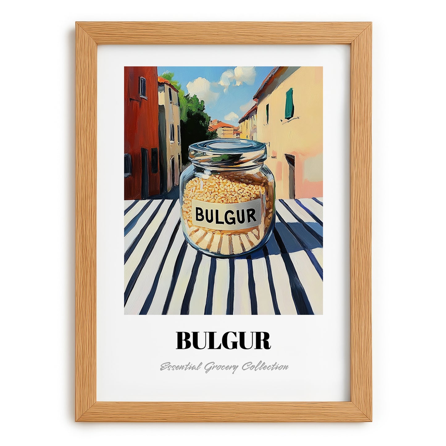 Bulgur – Italian Outdoor Café Scene, Dry Goods Illustration, set in oak frame