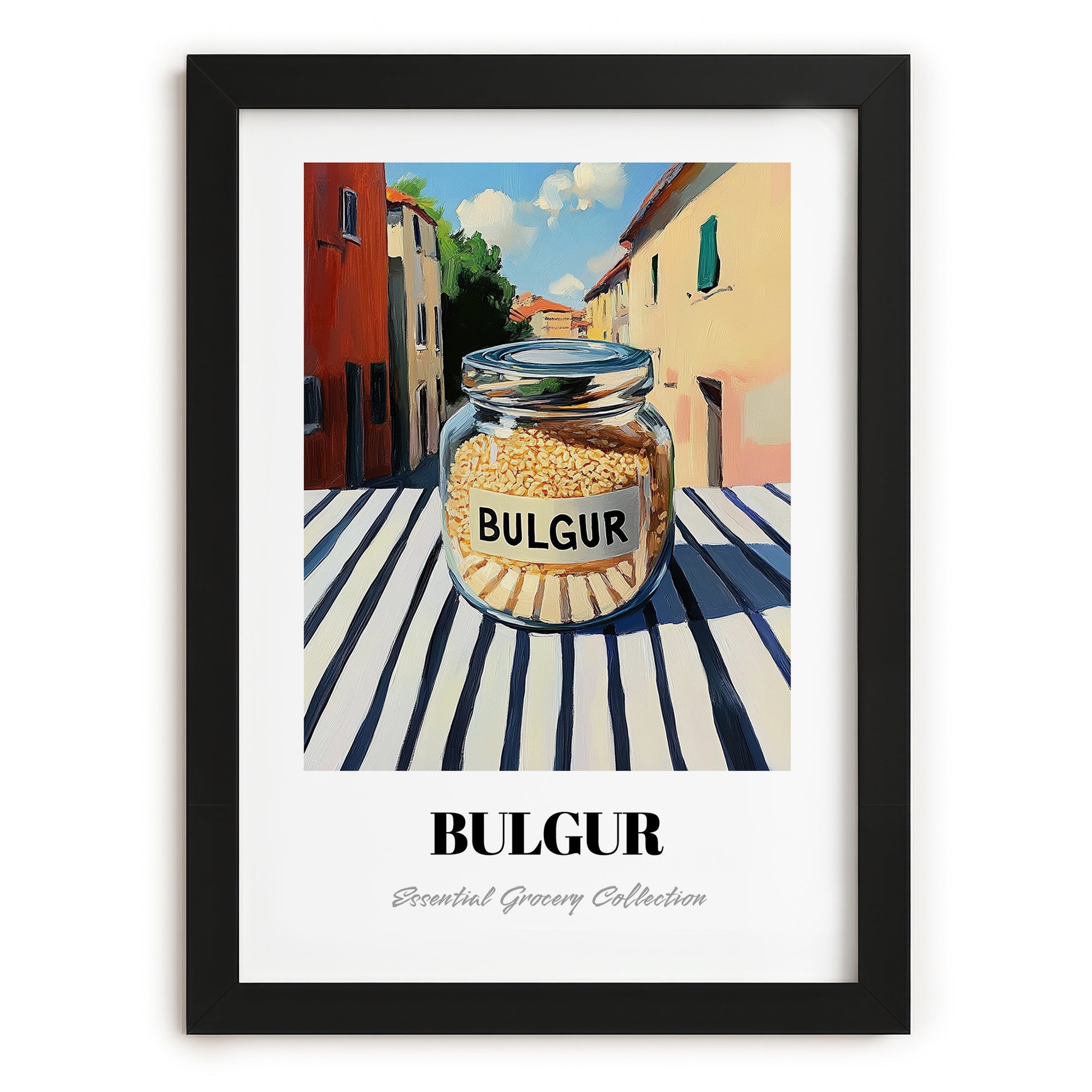 Bulgur – Italian Outdoor Café Scene, Dry Goods Illustration, in sleek black frame