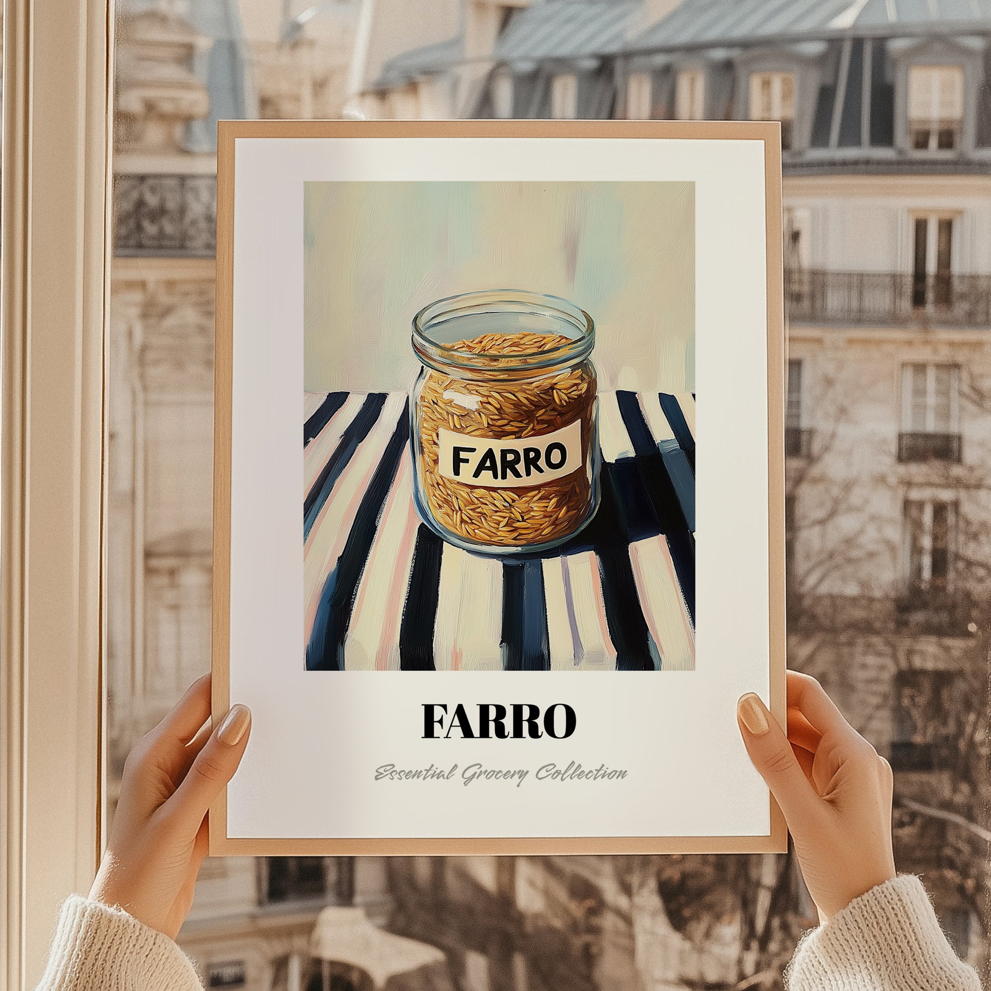 Farro – on Striped Tablecloth, Pantry Wall Decor, styled in a charming Paris street view