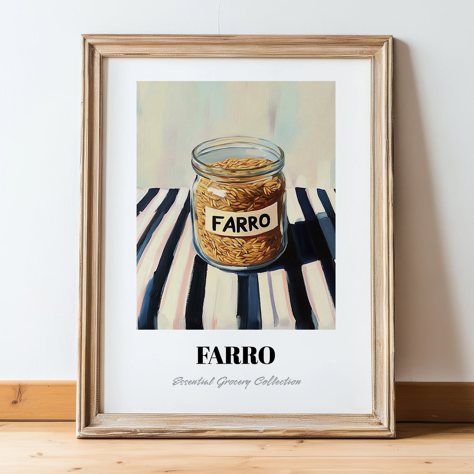 Farro – on Striped Tablecloth, Pantry Wall Decor, in wooden frame leaning on the floor
