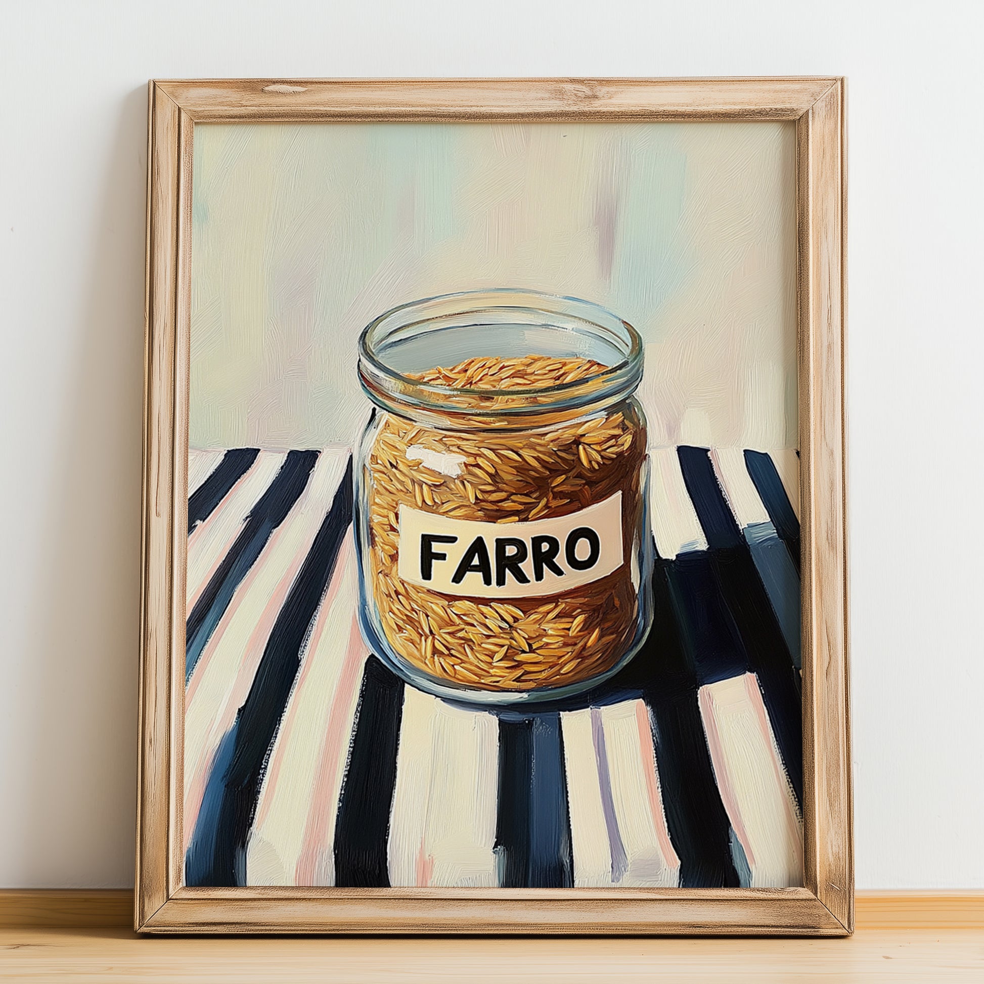 Farro – on Striped Tablecloth, Pantry Wall Decor, no-text version framed in wood