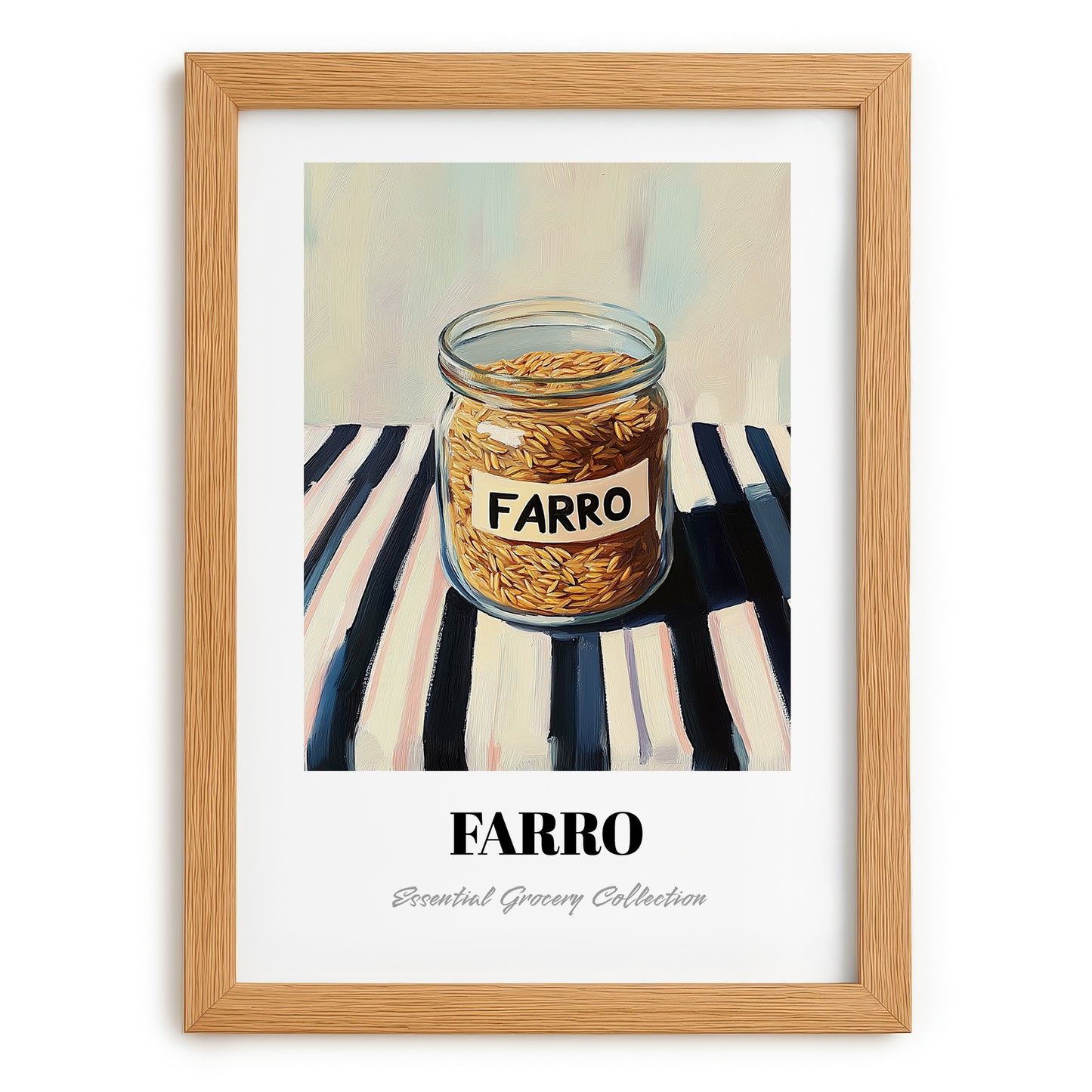 Farro – on Striped Tablecloth, Pantry Wall Decor, set in oak frame
