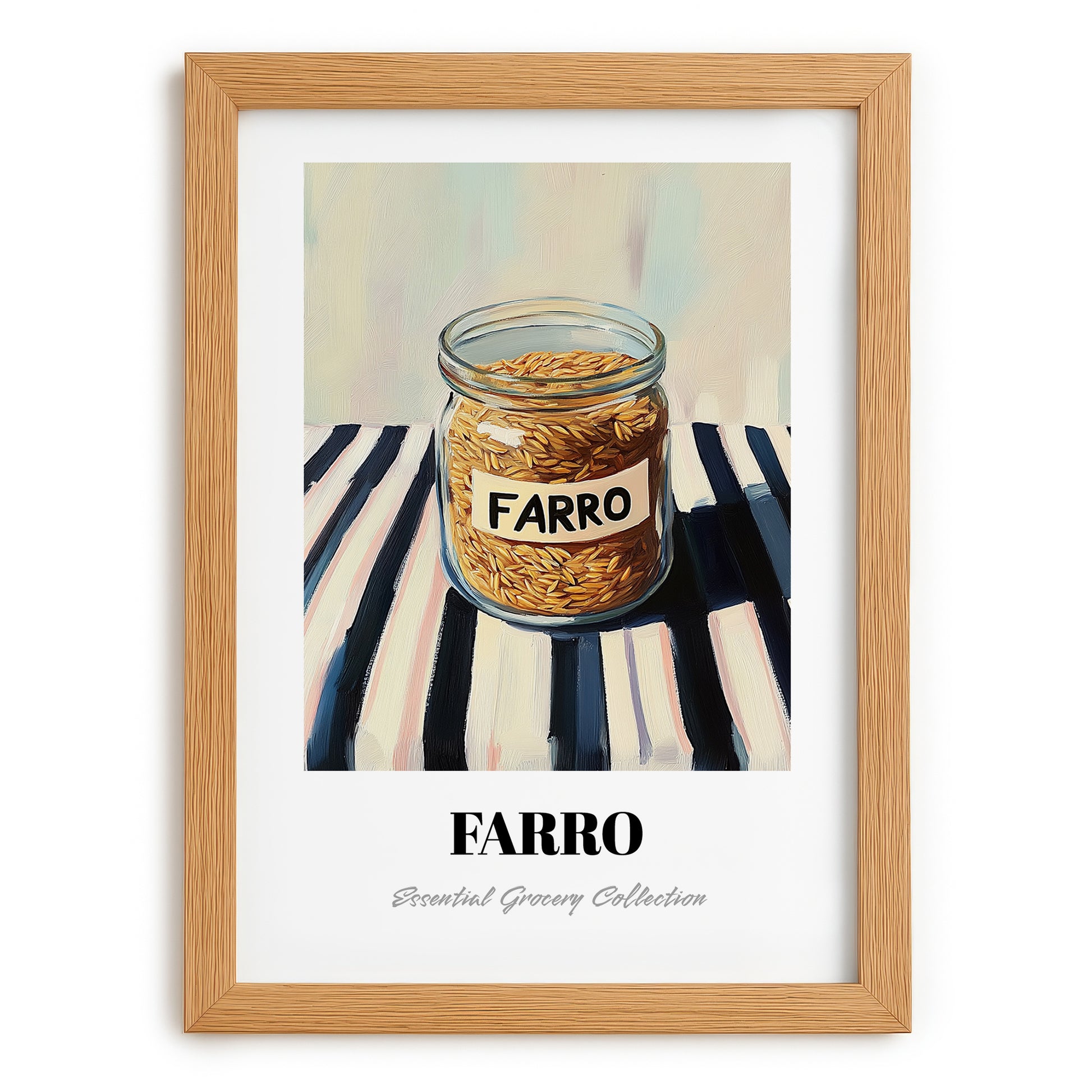 Farro – on Striped Tablecloth, Pantry Wall Decor, set in oak frame