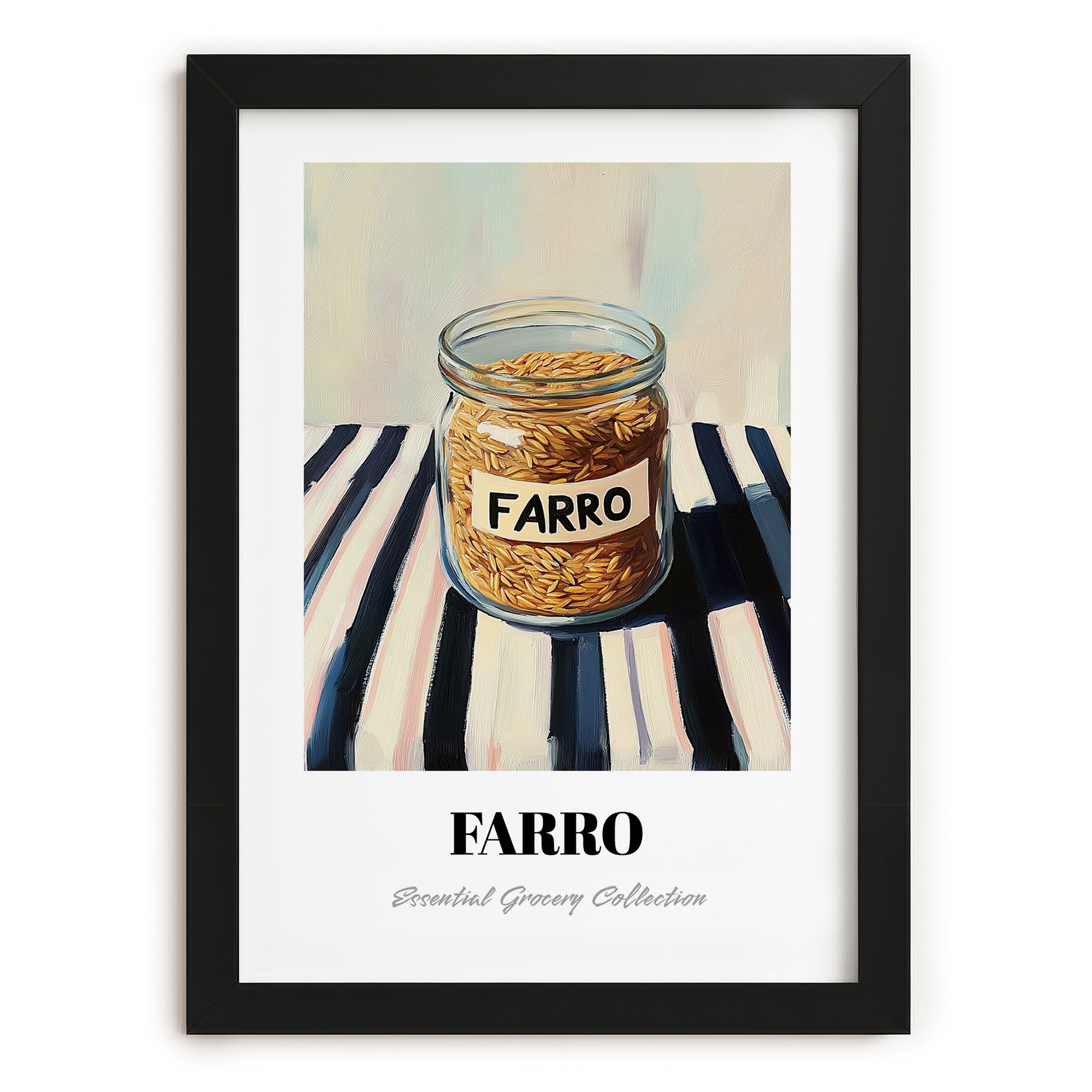 Farro – on Striped Tablecloth, Pantry Wall Decor, in sleek black frame