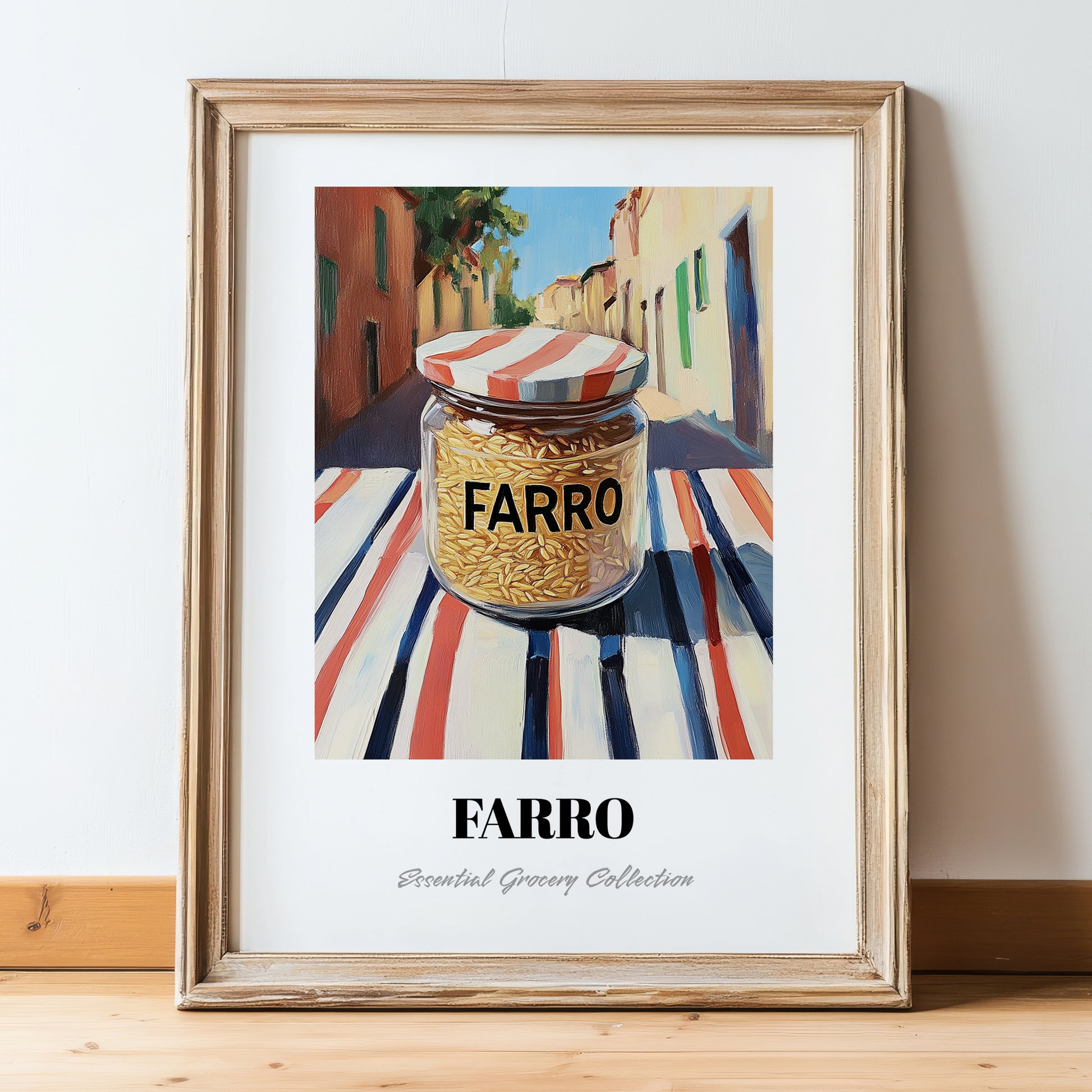 Farro – Italian Café on the Corner, Grocery Illustration, in wooden frame leaning on the floor