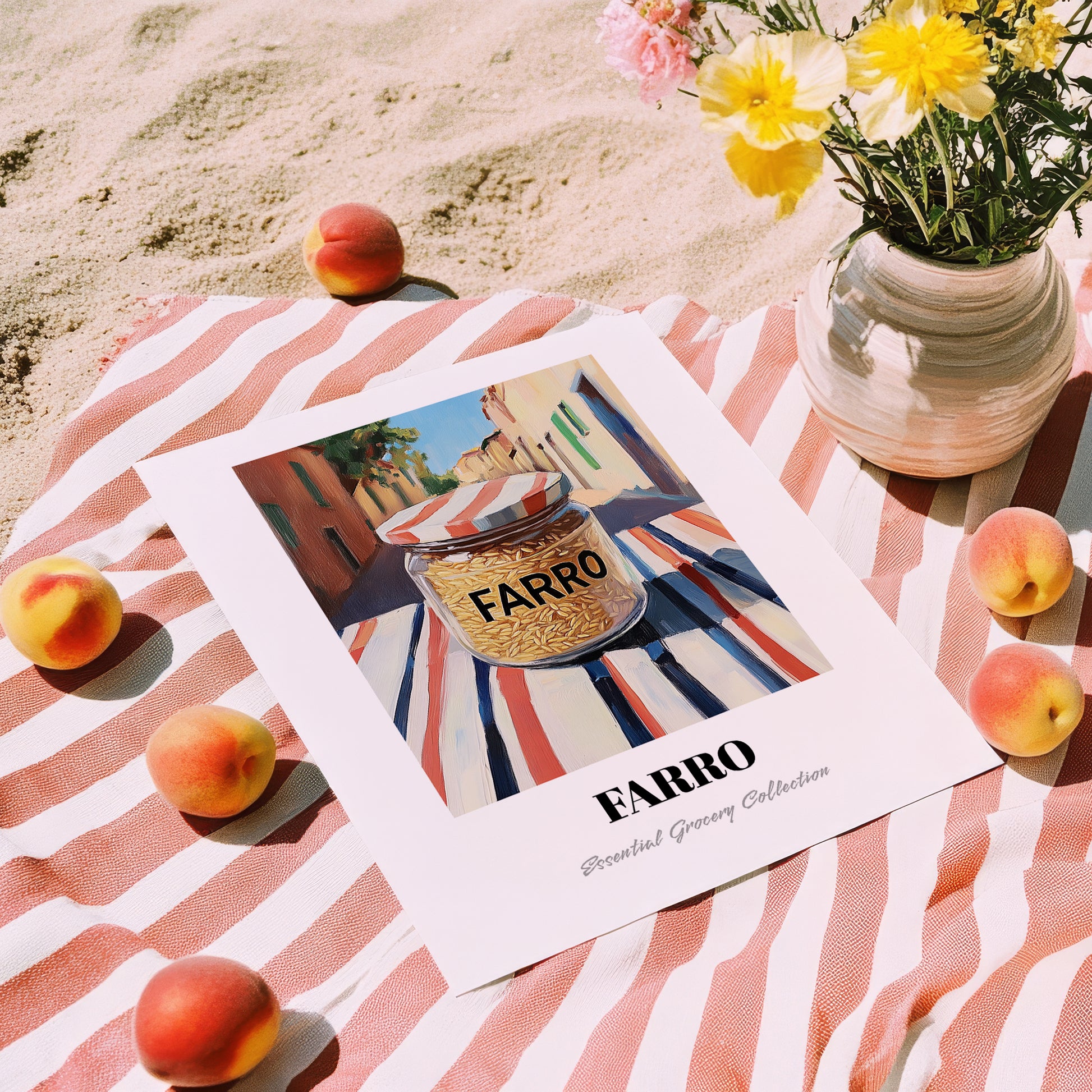Farro – Italian Café on the Corner, Grocery Illustration, unframed on coastal sand