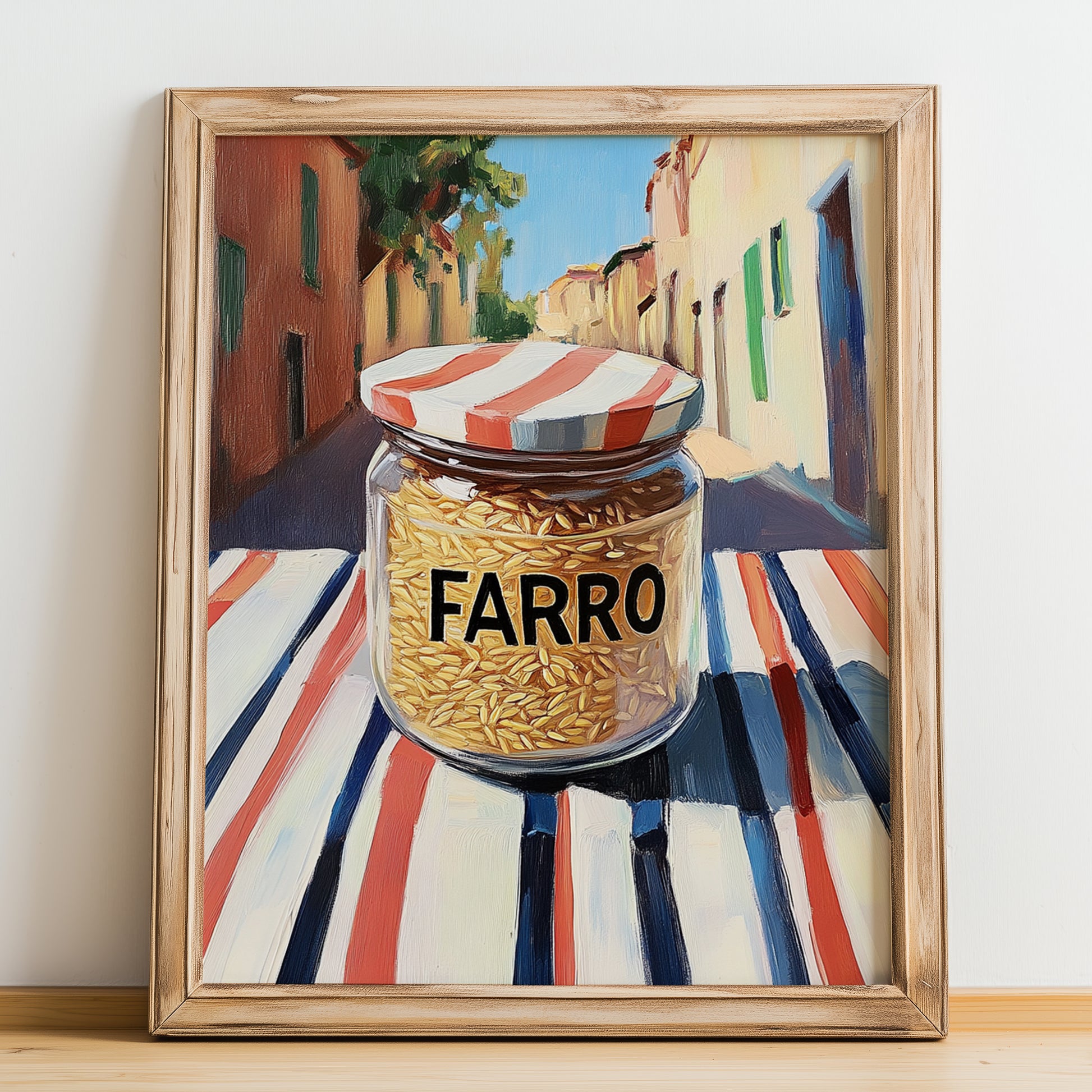 Farro – Italian Café on the Corner, Grocery Illustration, no-text version framed in wood