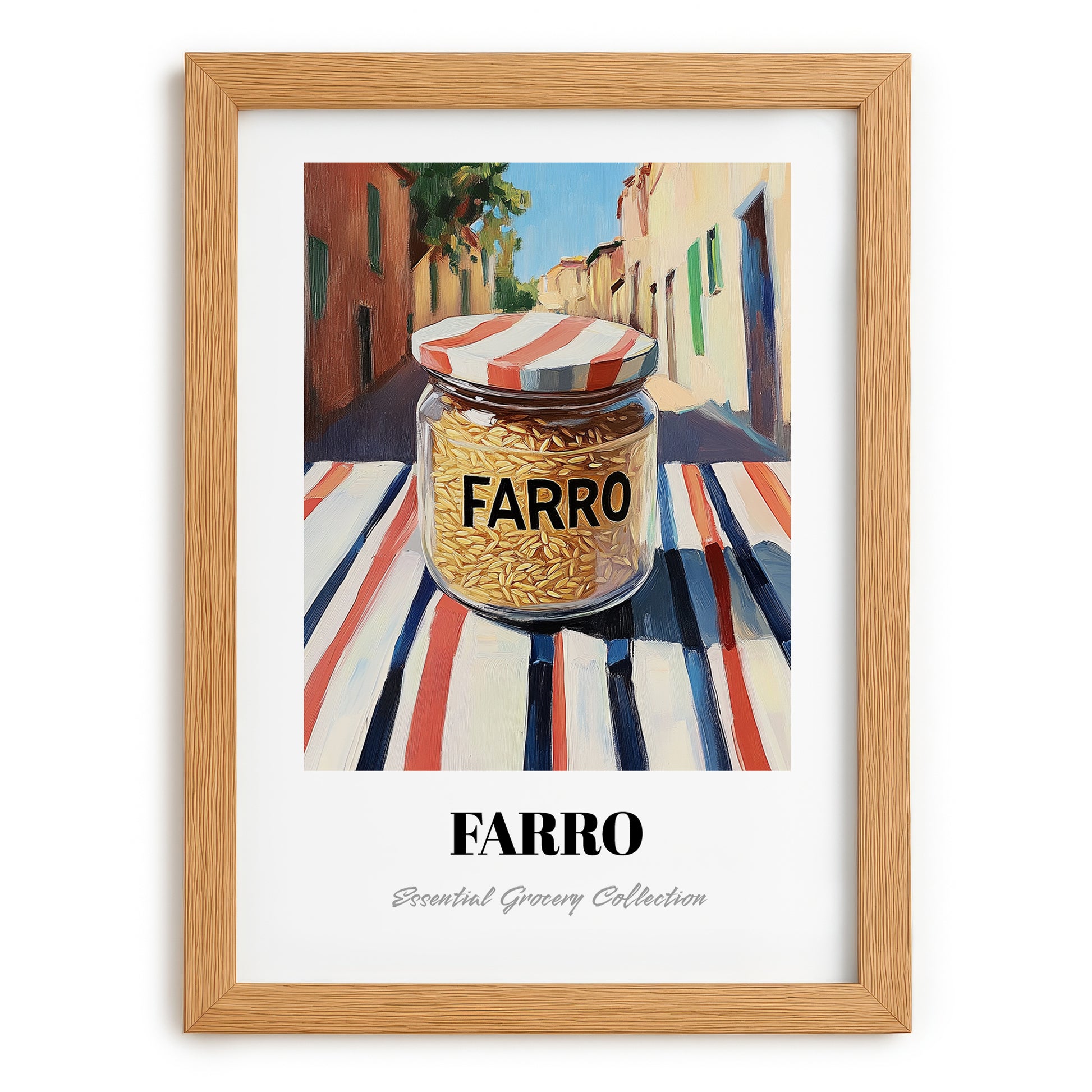 Farro – Italian Café on the Corner, Grocery Illustration, set in oak frame