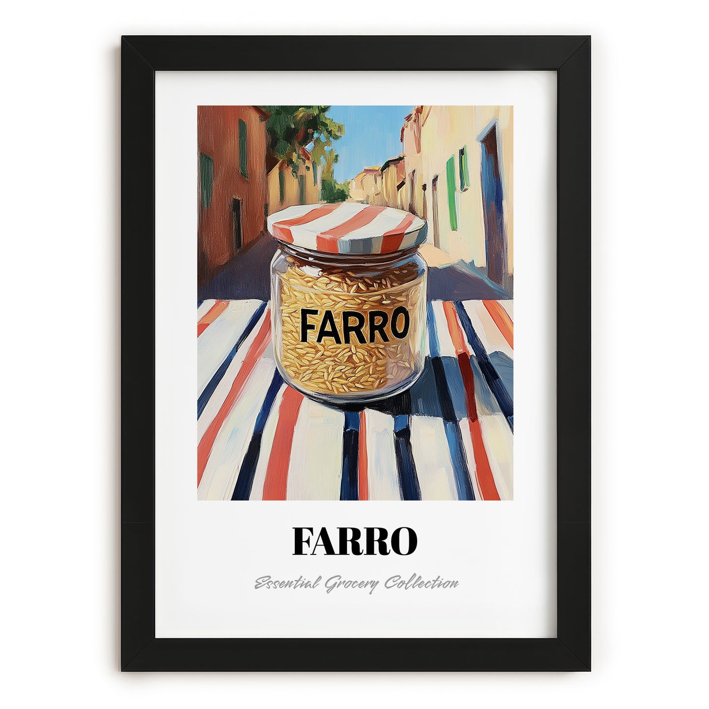 Farro – Italian Café on the Corner, Grocery Illustration, in sleek black frame