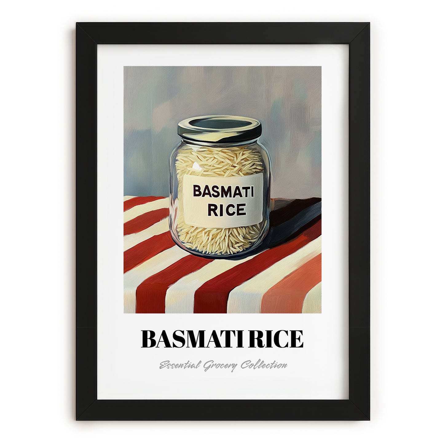 Basmati Rice – on Striped Tablecloth, Shelf Stock Wall Decor, in sleek black frame