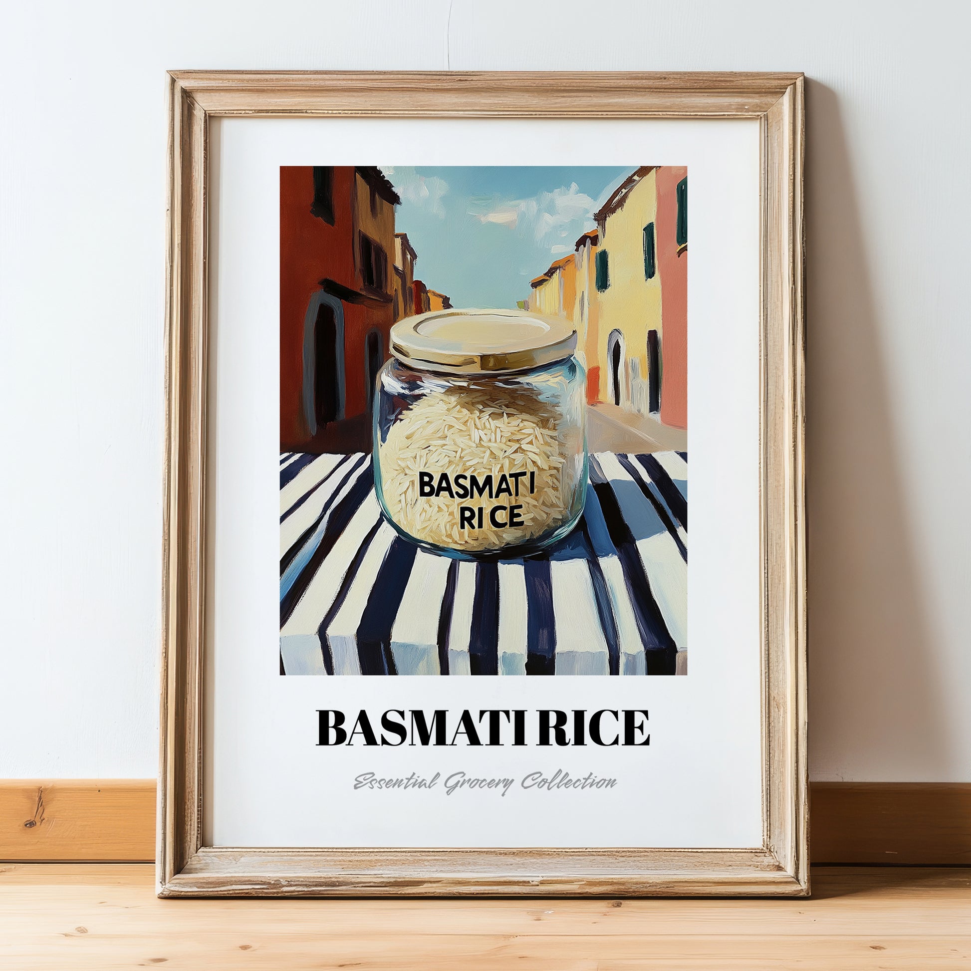 Basmati Rice – Italian Street Café Scene, Pantry Wall Decor, in wooden frame leaning on the floor