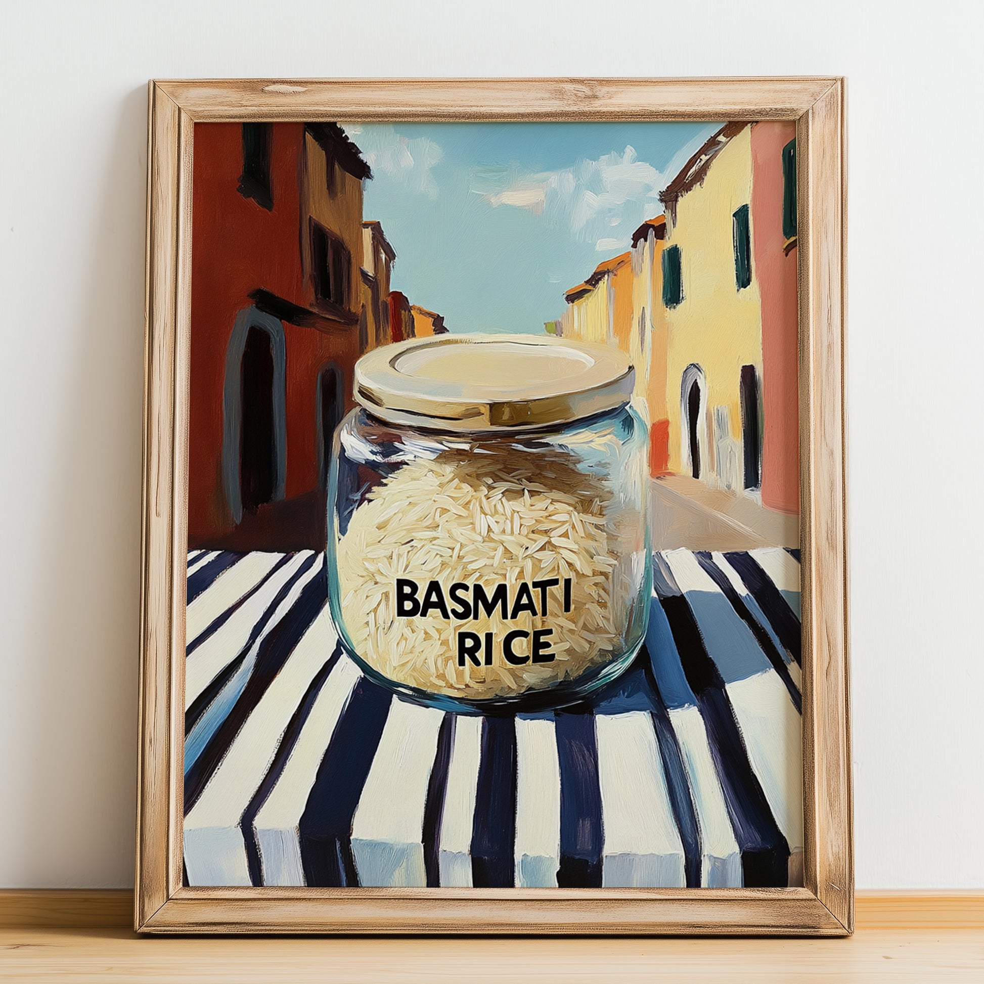 Basmati Rice – Italian Street Café Scene, Pantry Wall Decor, no-text version framed in wood