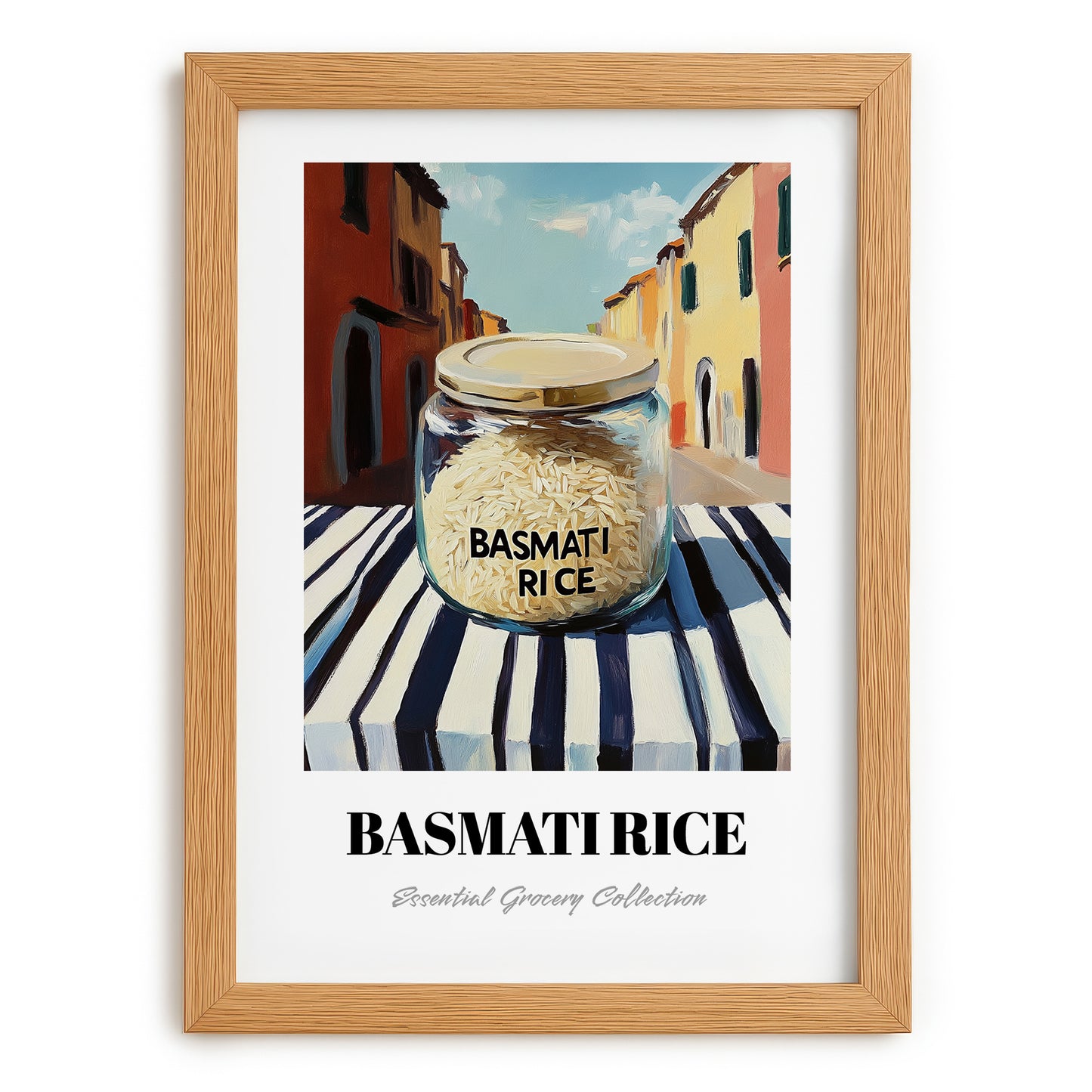 Basmati Rice – Italian Street Café Scene, Pantry Wall Decor, set in oak frame