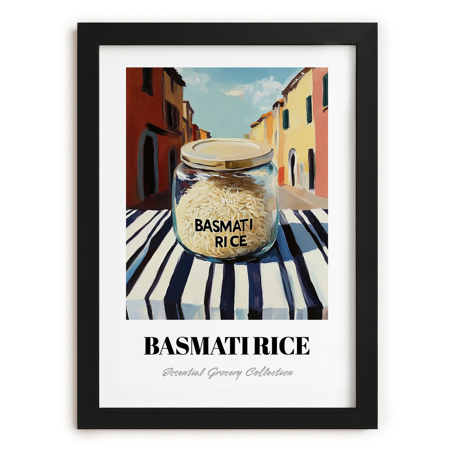 Basmati Rice – Italian Street Café Scene, Pantry Wall Decor, in sleek black frame