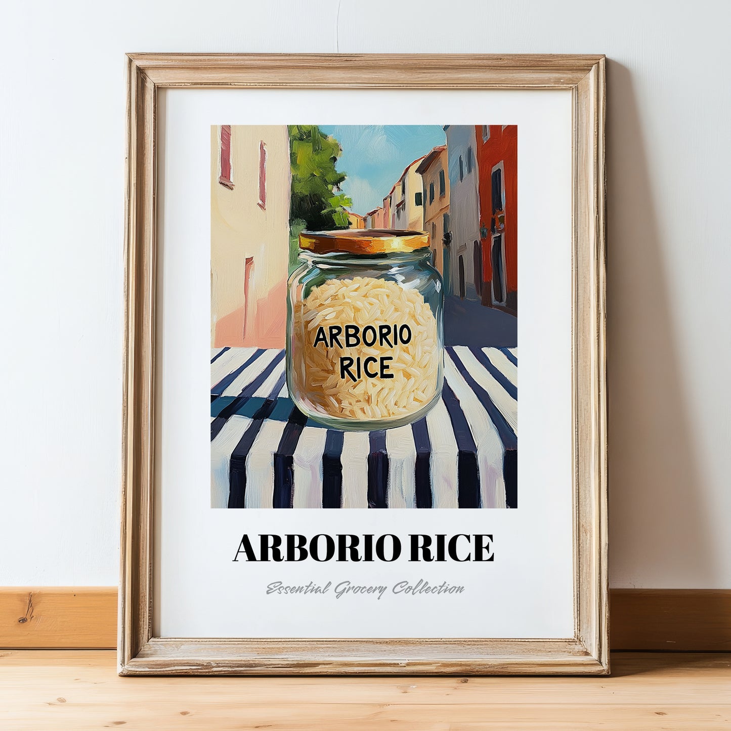 Arborio Rice – Italian Outdoor Café Scene, Kitchen Storage Poster, in wooden frame leaning on the floor
