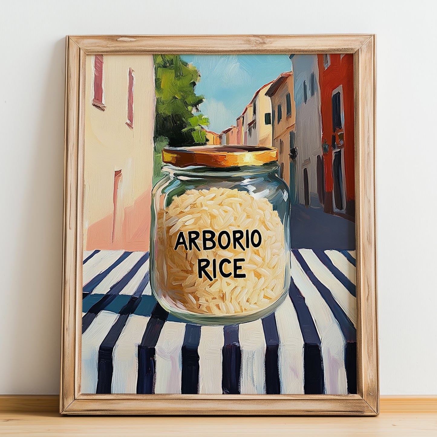 Arborio Rice – Italian Outdoor Café Scene, Kitchen Storage Poster, no-text version framed in wood