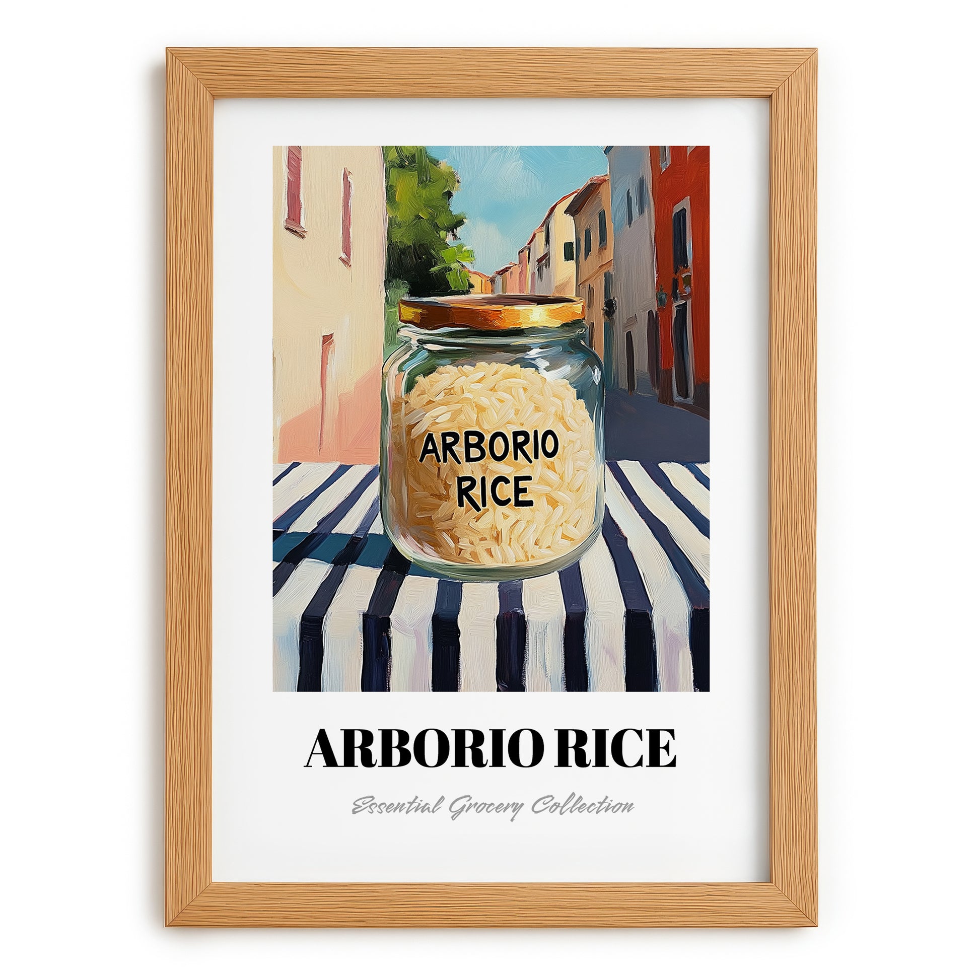 Arborio Rice – Italian Outdoor Café Scene, Kitchen Storage Poster, set in oak frame